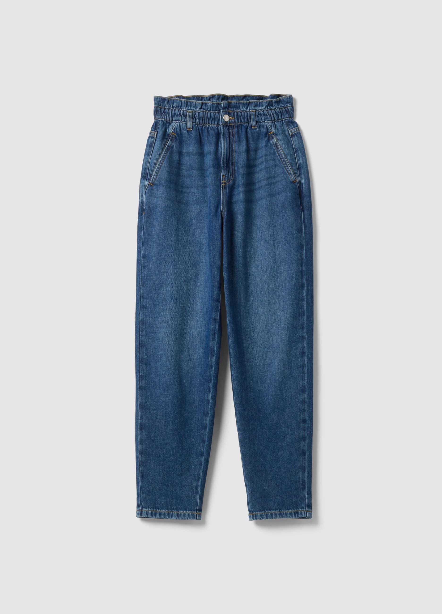 Blue pure cotton denim jeans with paperbag waist, baggy fit
