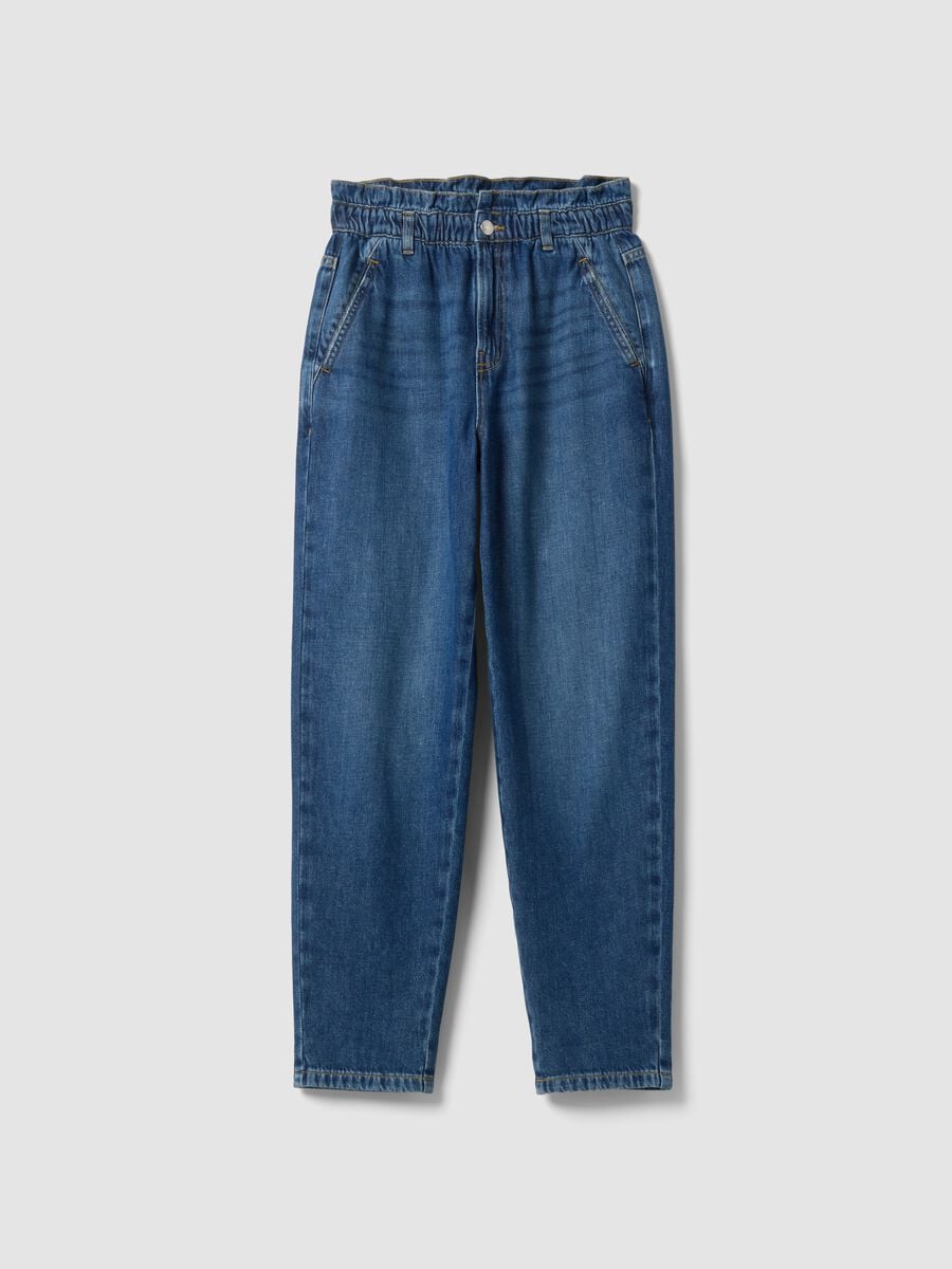 Blue pure cotton denim jeans with paperbag waist, baggy fit_4