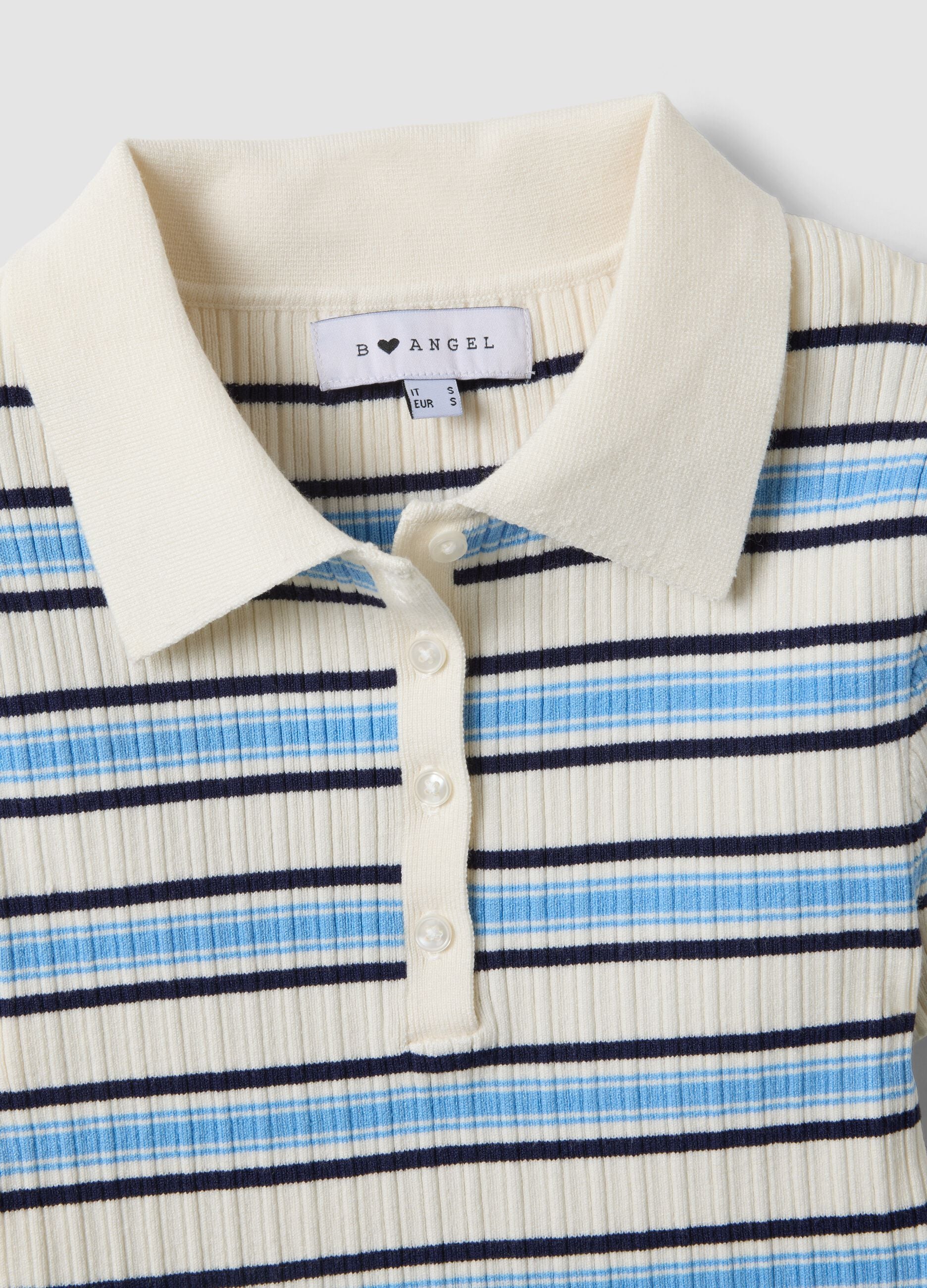 Fitted viscose-blend jumper with multicolour stripes and polo collar