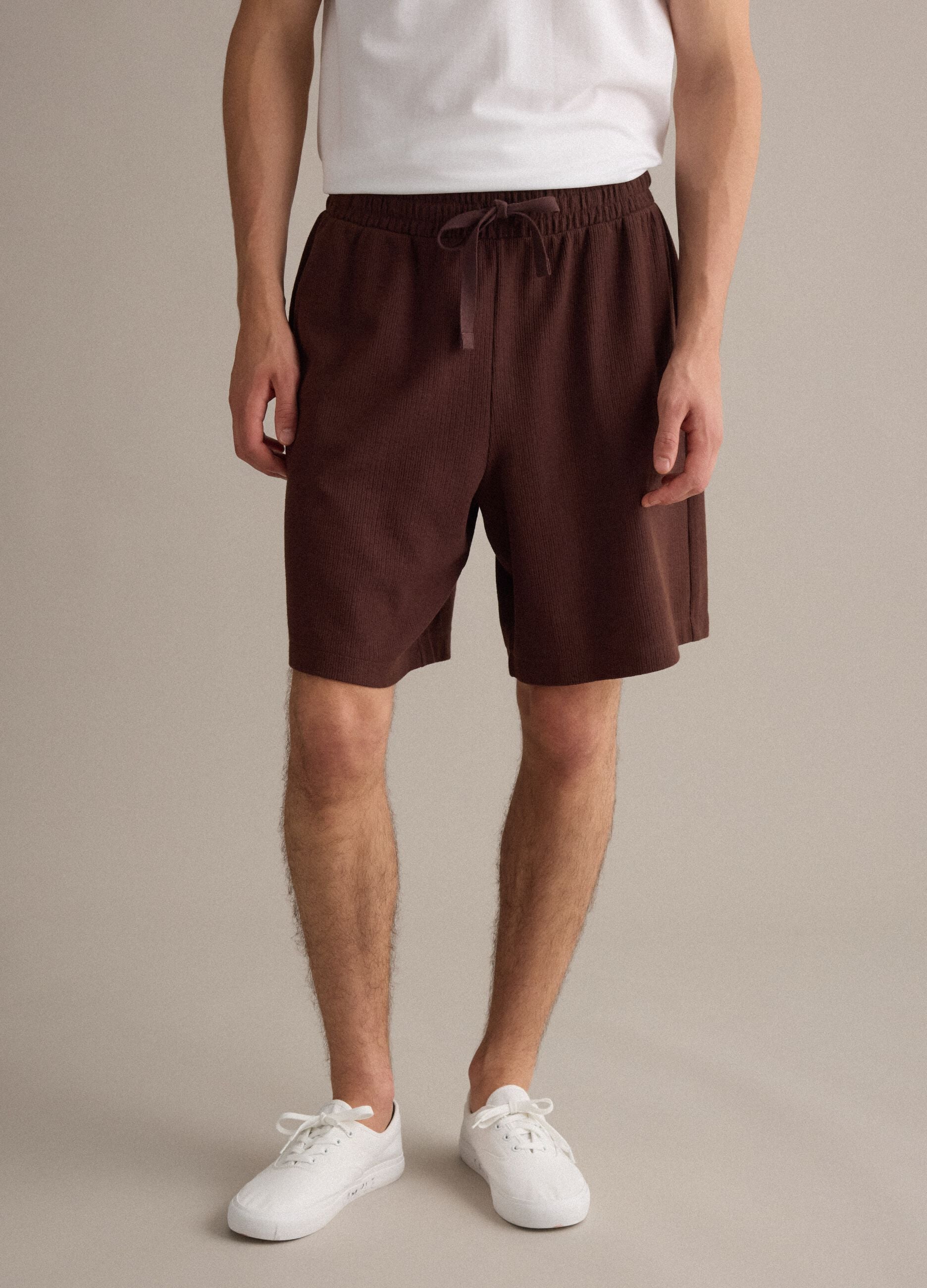 Brown cotton-blend jogger shorts with drawstring, relaxed fit
