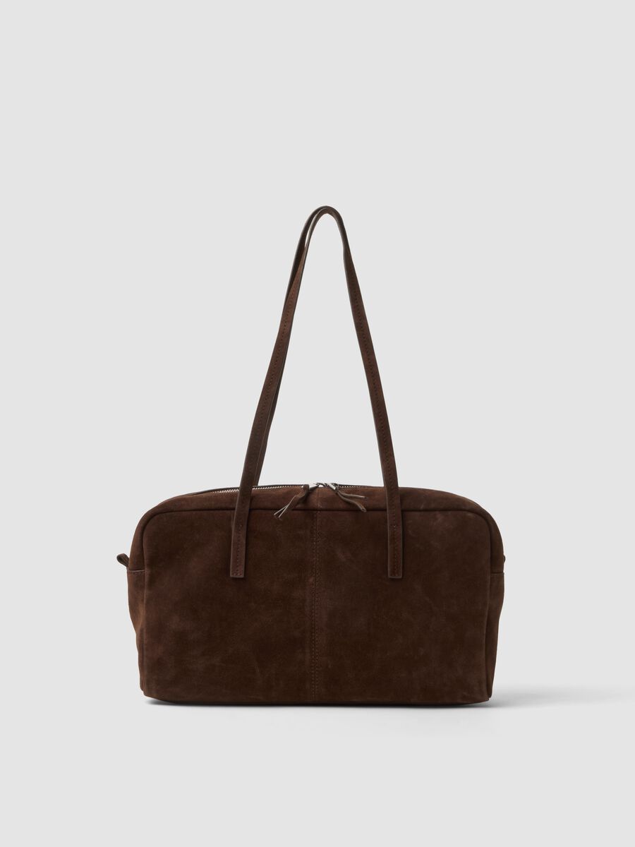 Borsa marrone in vera pelle con doppi manici e zip_0