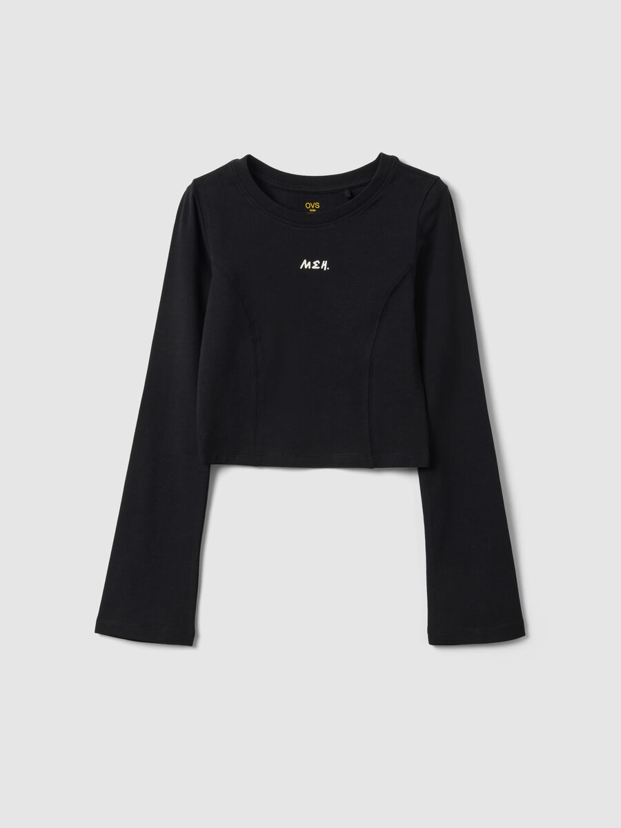 T-shirt nera in cotone elasticizzato da ragazza con scritta slim fit_3