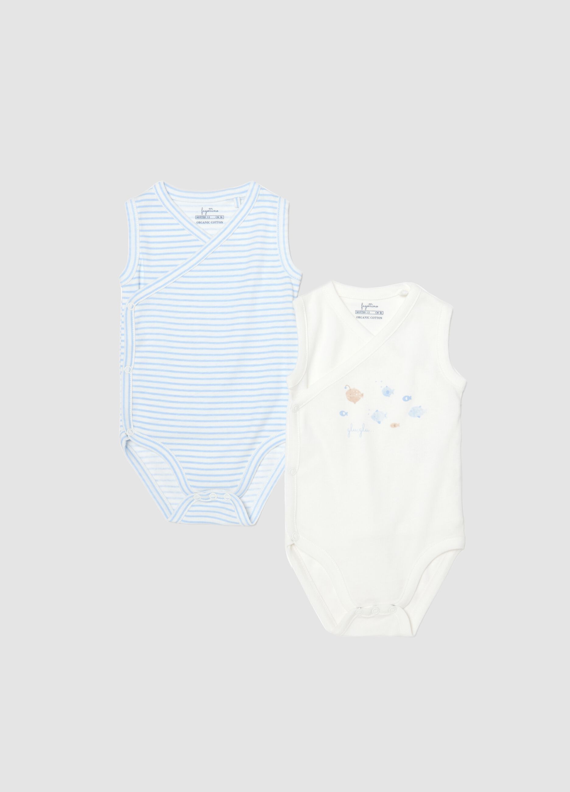 Sleeveless multicoloured pure cotton baby bodysuits twin pack