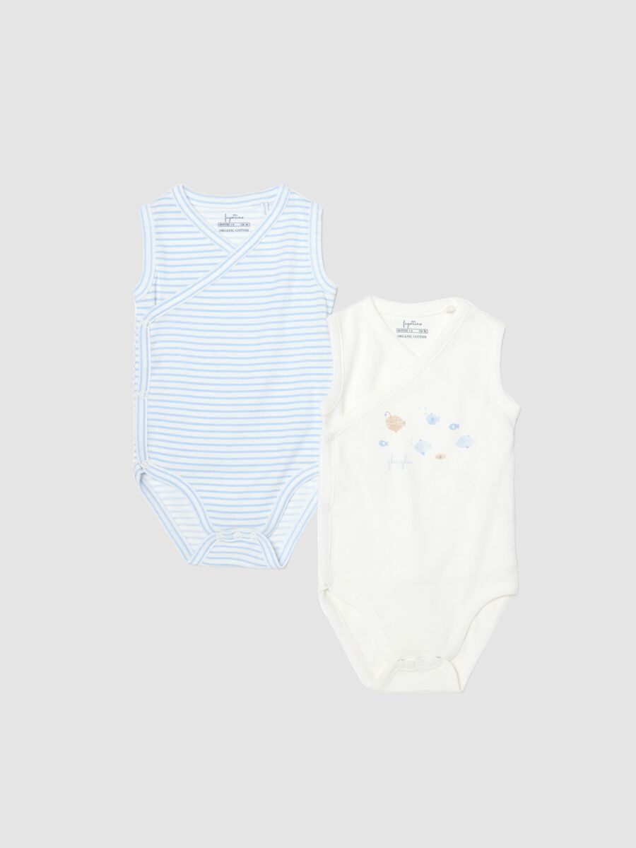 Sleeveless multicoloured pure cotton baby bodysuits twin pack_0