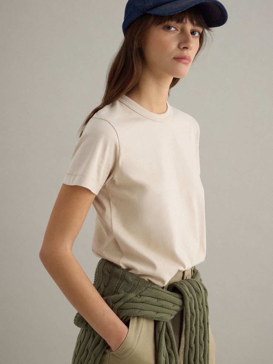 Beige pure cotton crew-neck T-shirt, regular fit_1