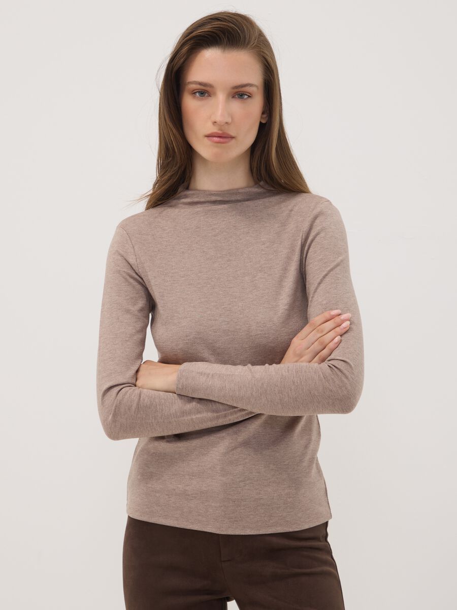 Beige stretch viscose crew-neck T-shirt_0