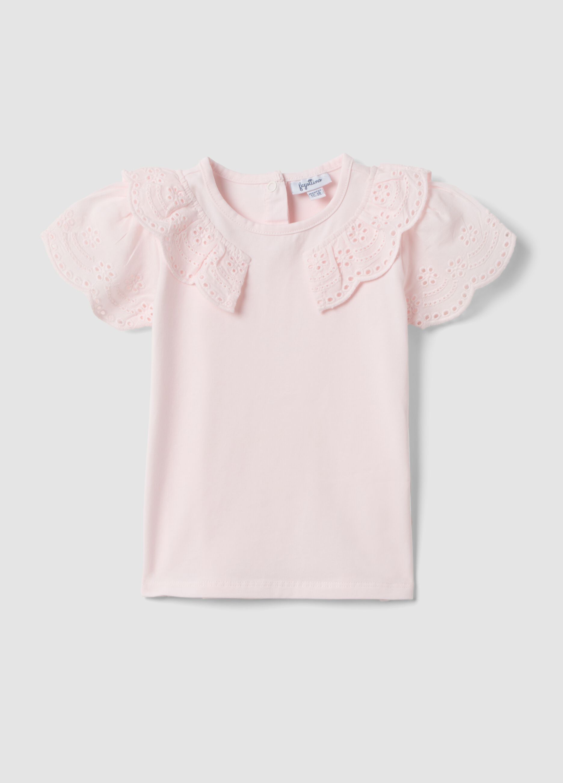 Pink short-sleeve stretch cotton T-shirt with broderie anglaise embroidery
