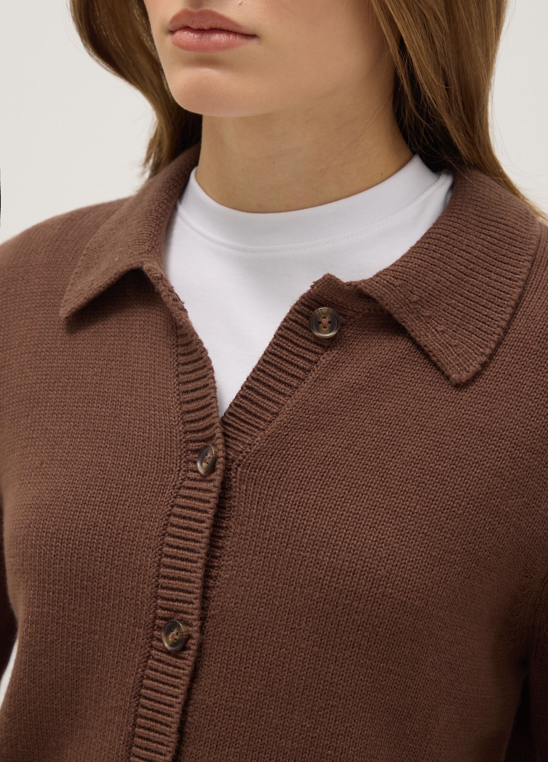 Brown cardigan with polo collar in pure cotton, regular fit