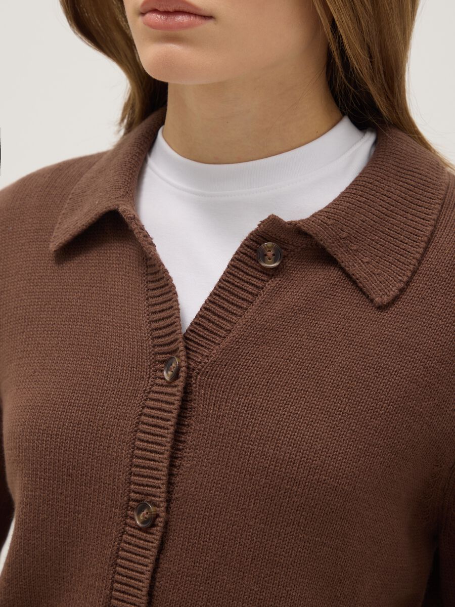 Brown cardigan with polo collar in pure cotton, regular fit_3