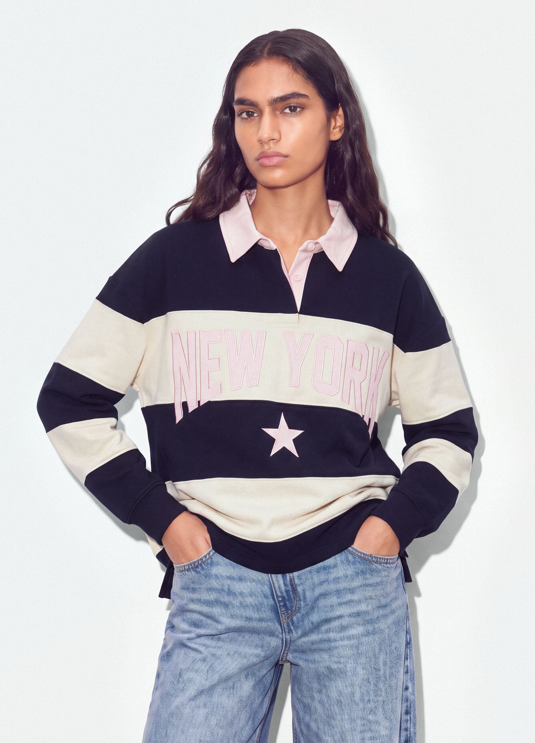 Blue striped cotton-blend sweatshirt with collar, relaxed fit