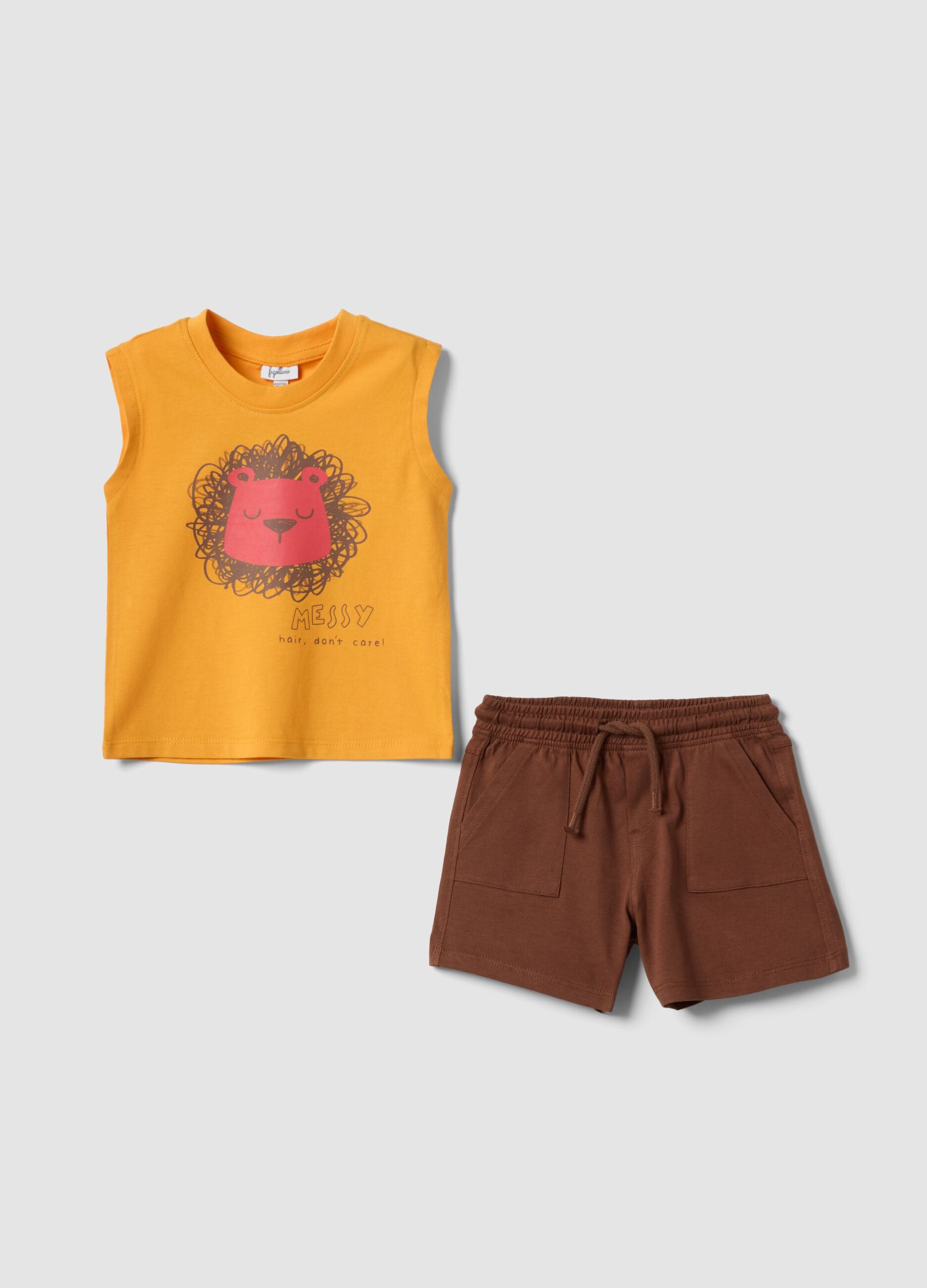 Yellow and brown pure cotton top and shorts set for baby boy, regular fit