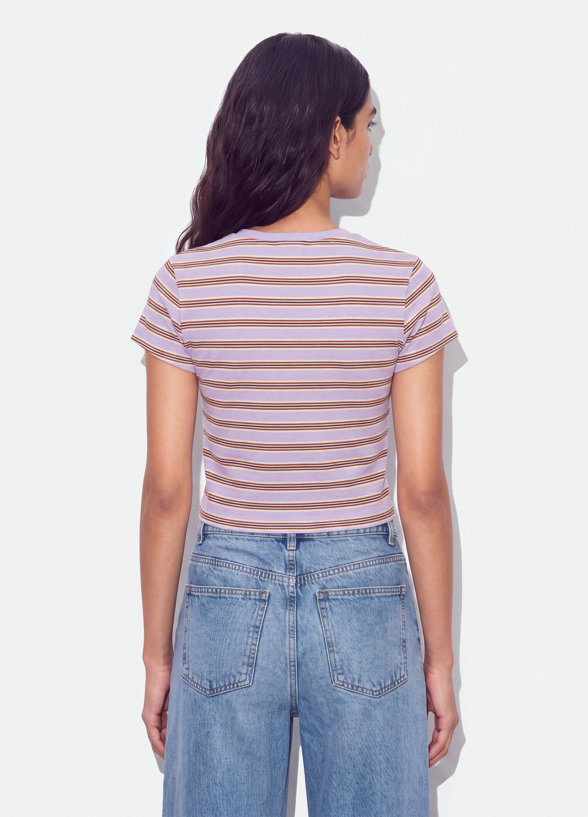 Purple striped cropped pure cotton T-shirt with print
