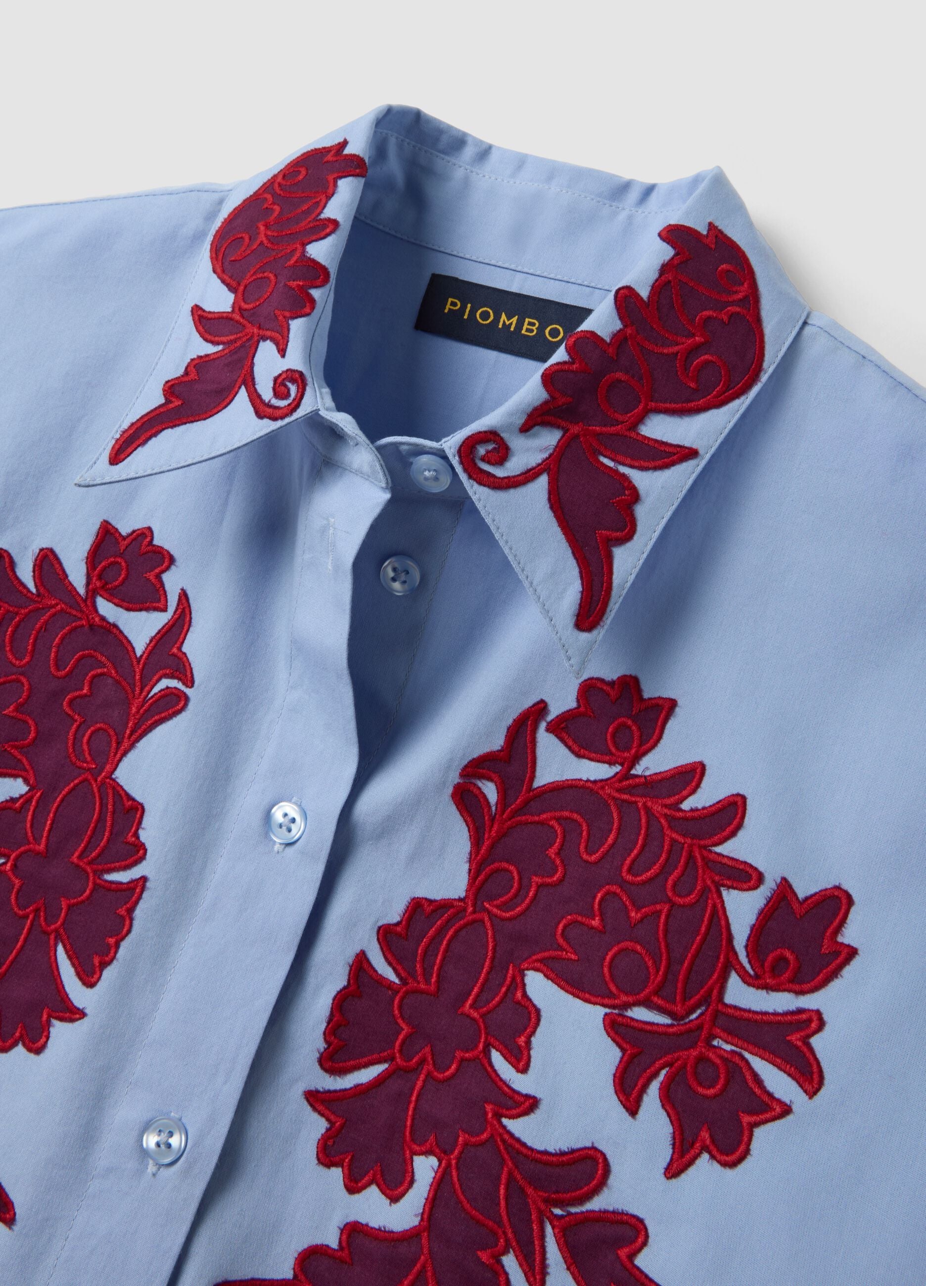 Light Blue Pure Cotton Poplin Shirt with Floral Embroidery, Regular Fit