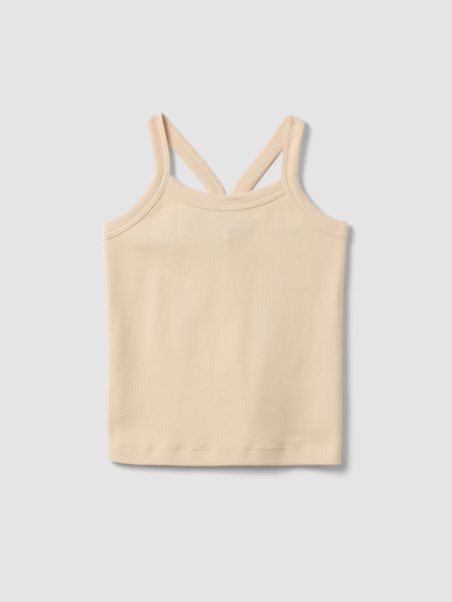 Tank top fitted beige in cotone elasticizzato a coste da ragazza_3