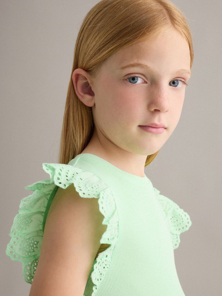 Girls&rsquo; green stretch cotton vest top with ruffles_2