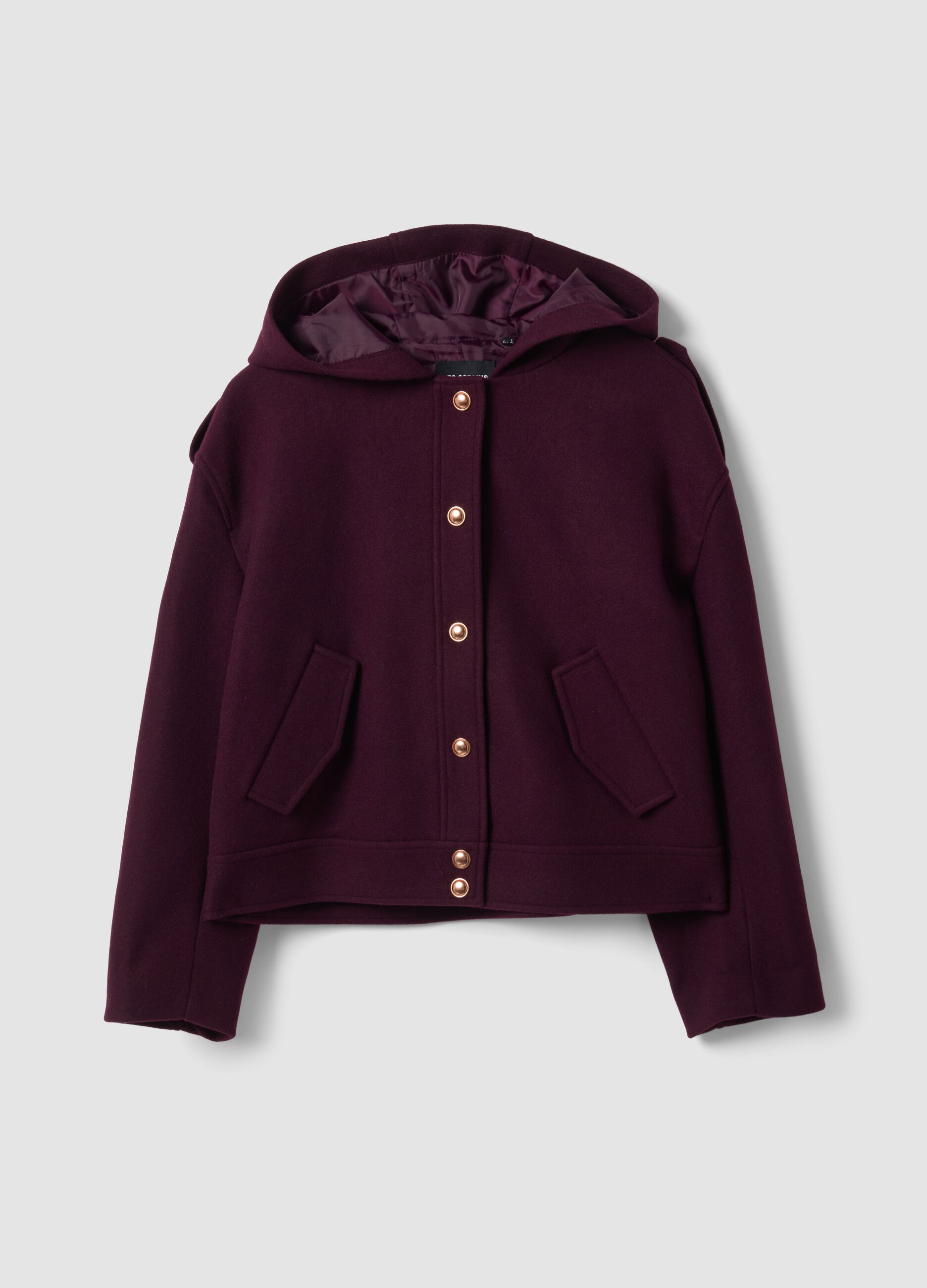 Purple hooded jacket with press-stud fastening