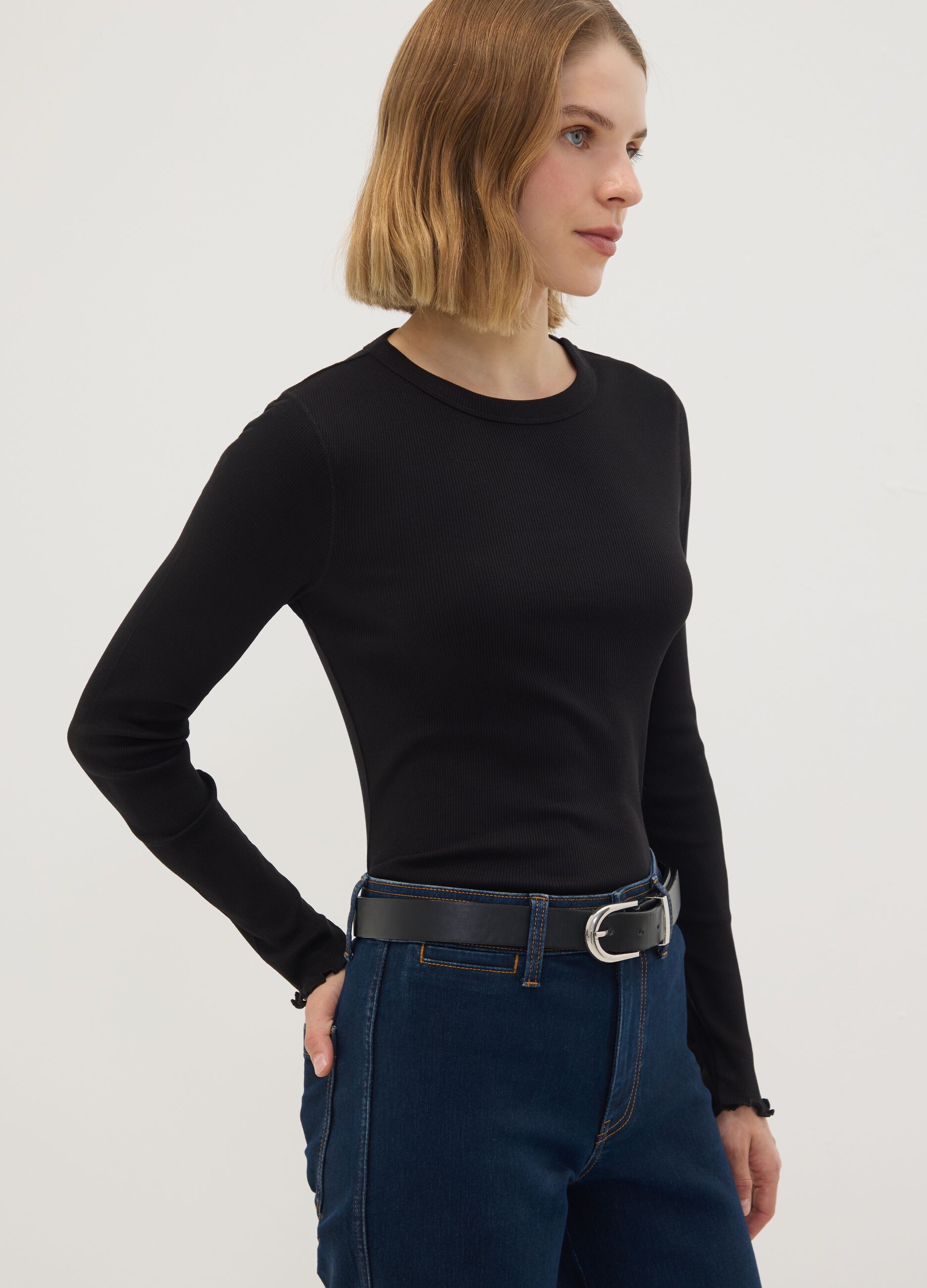 Black pure cotton long-sleeve crew-neck T-shirt, regular fit