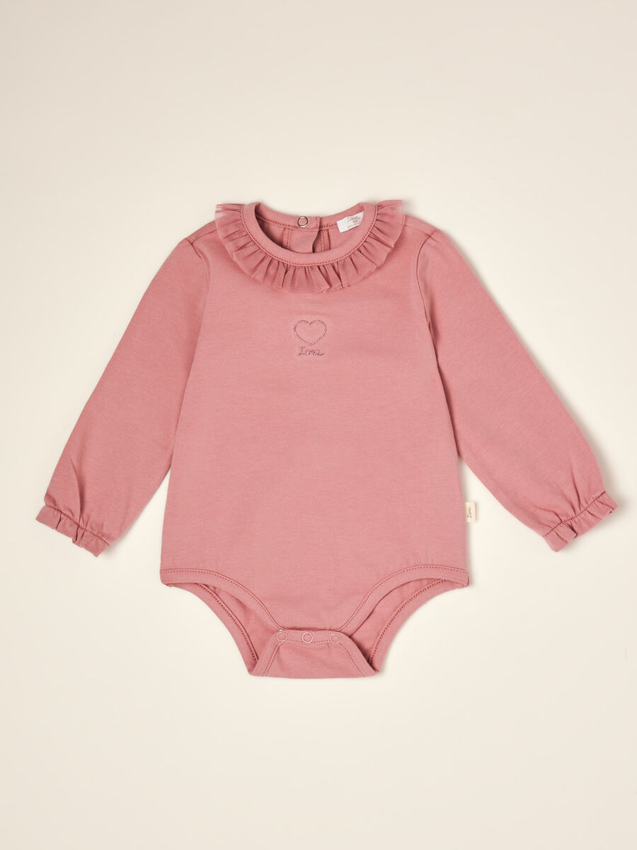 Pink organic stretch cotton bodysuit with ruffled crew neck_0