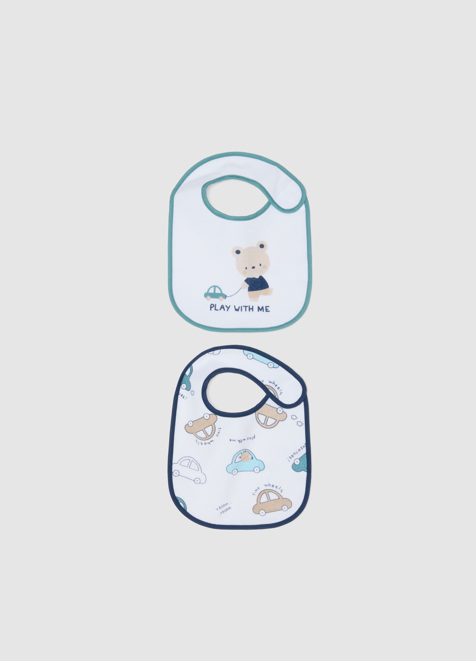 Pack of two multicolour newborn bibs in cotton blend with decorations