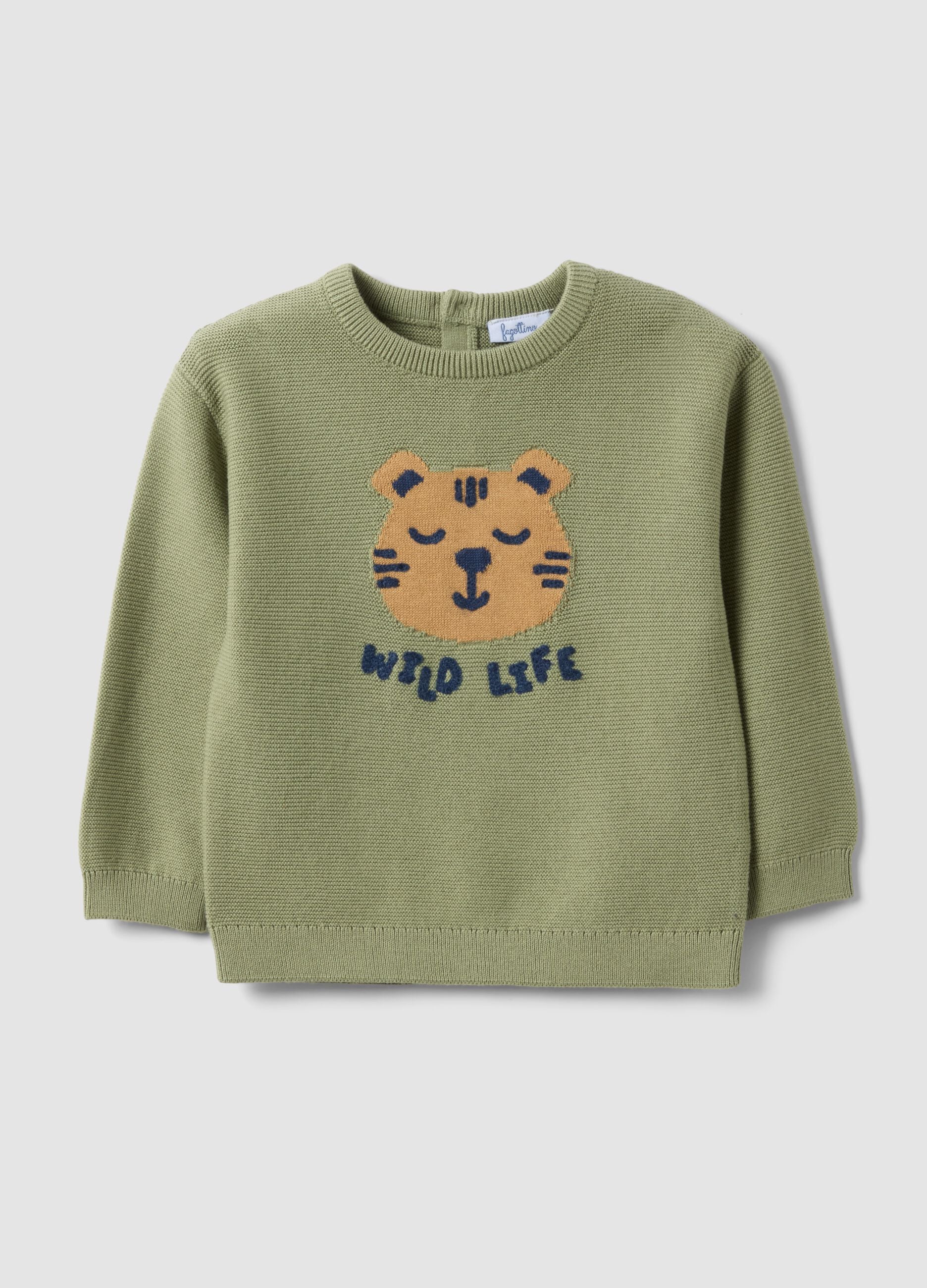 Children's green pure cotton regular fit jumper with tiger