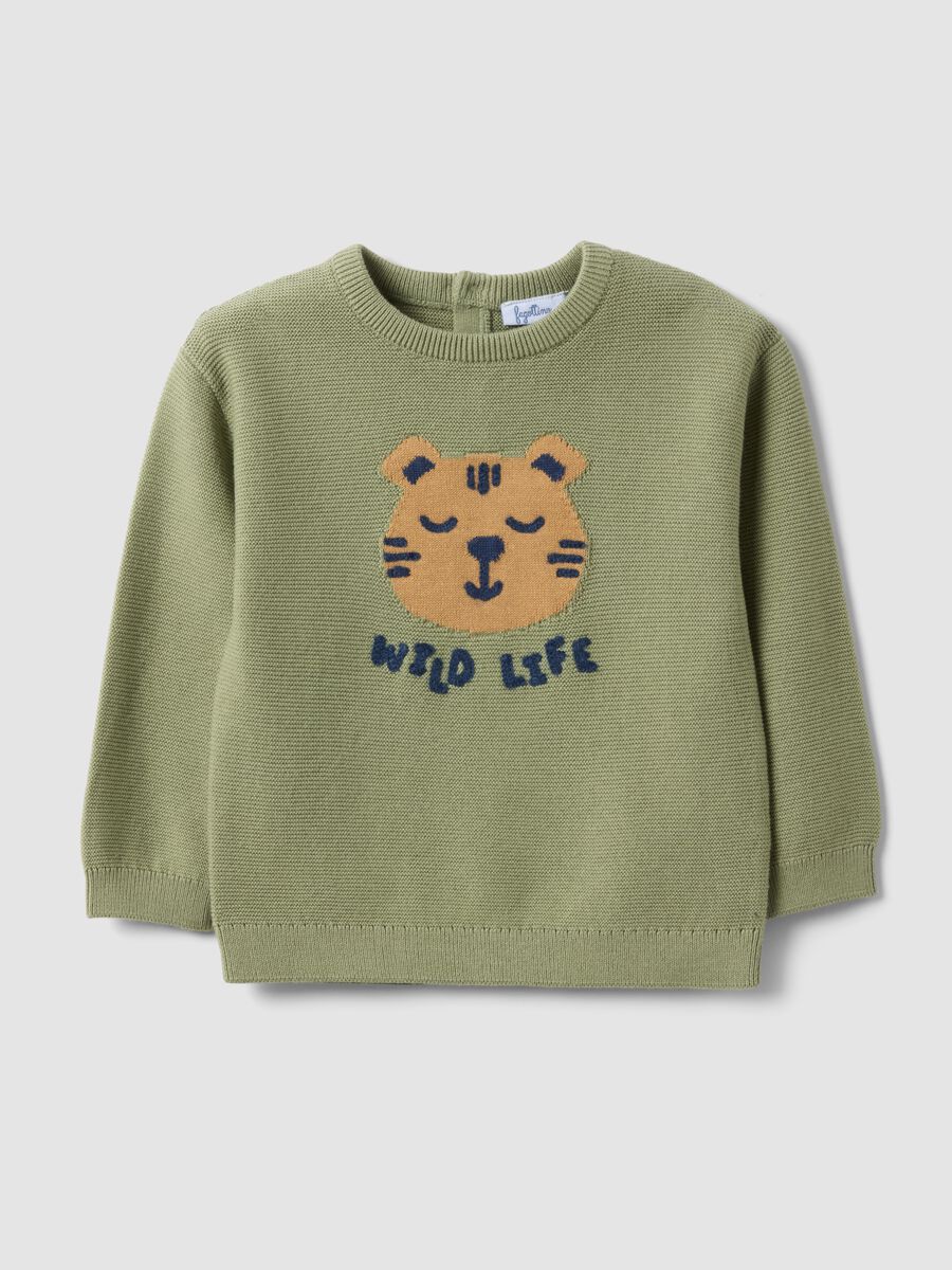 Maglione in puro cotone verde da bimbo regular fit con tigre_0