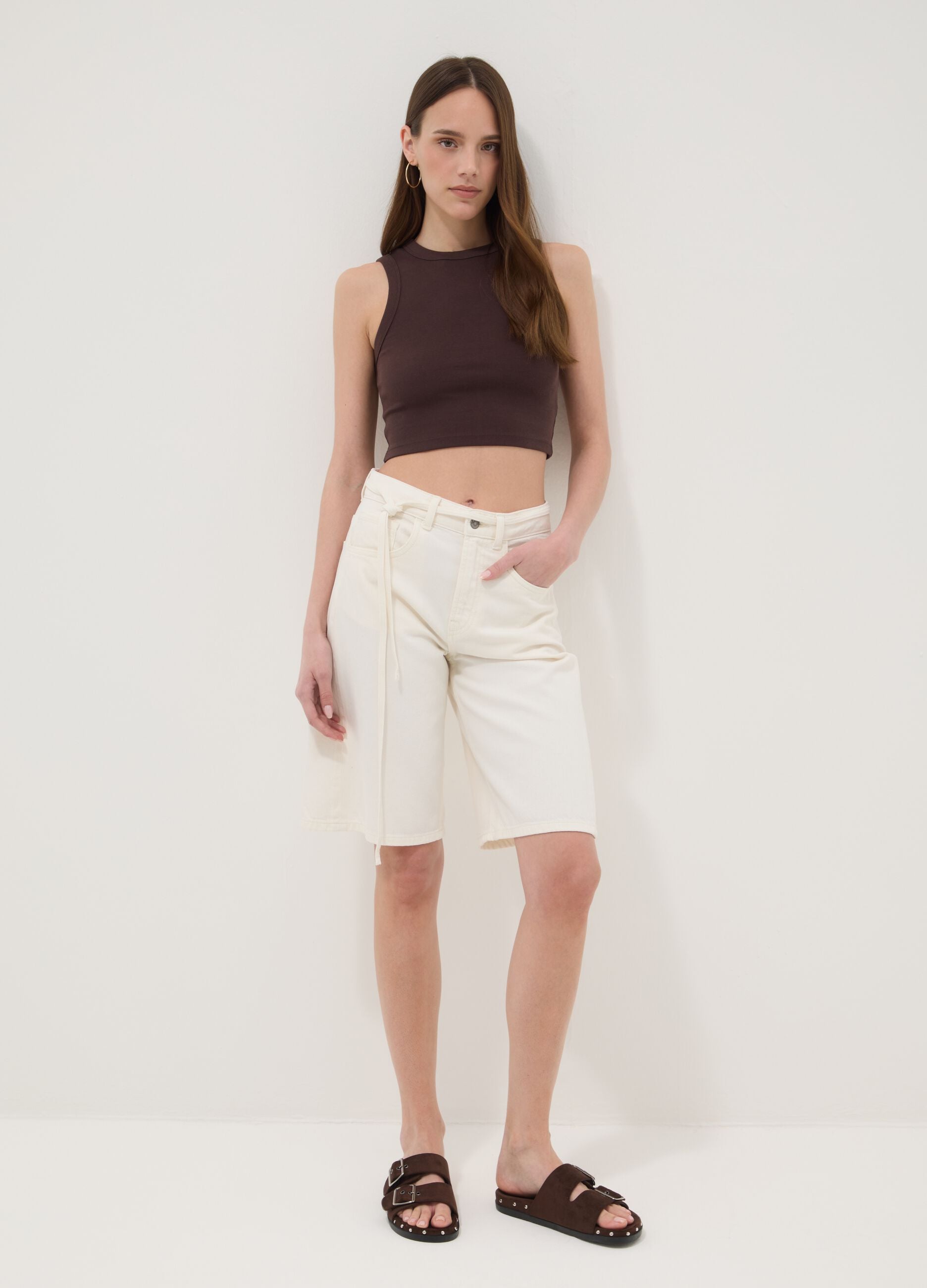 Brown cotton-stretch cropped tank top