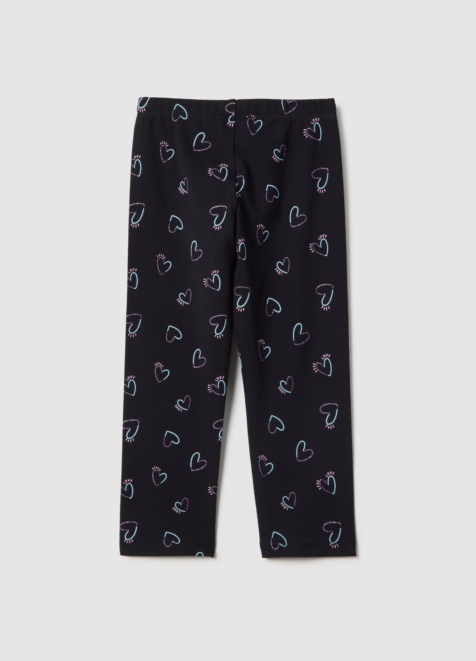 Girls' black stretch cotton skinny fit leggings with hearts