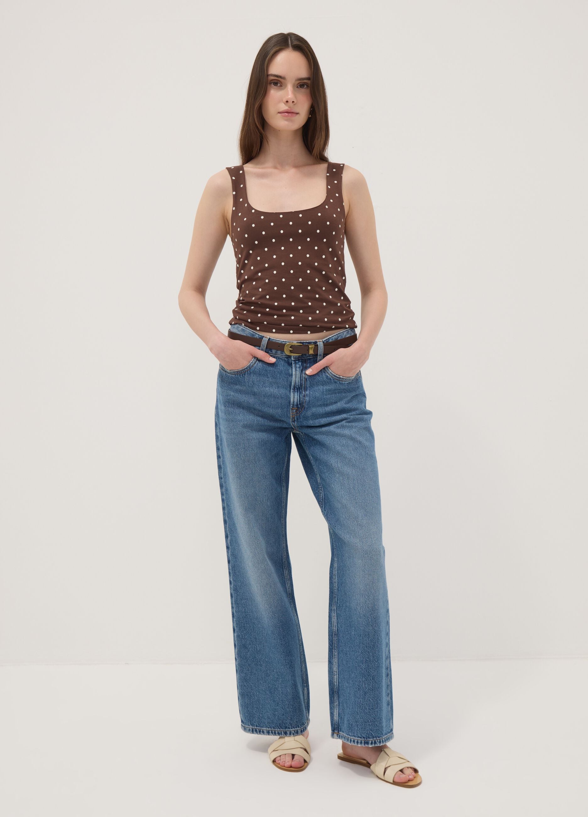 Brown fitted polka-dot stretch cotton top
