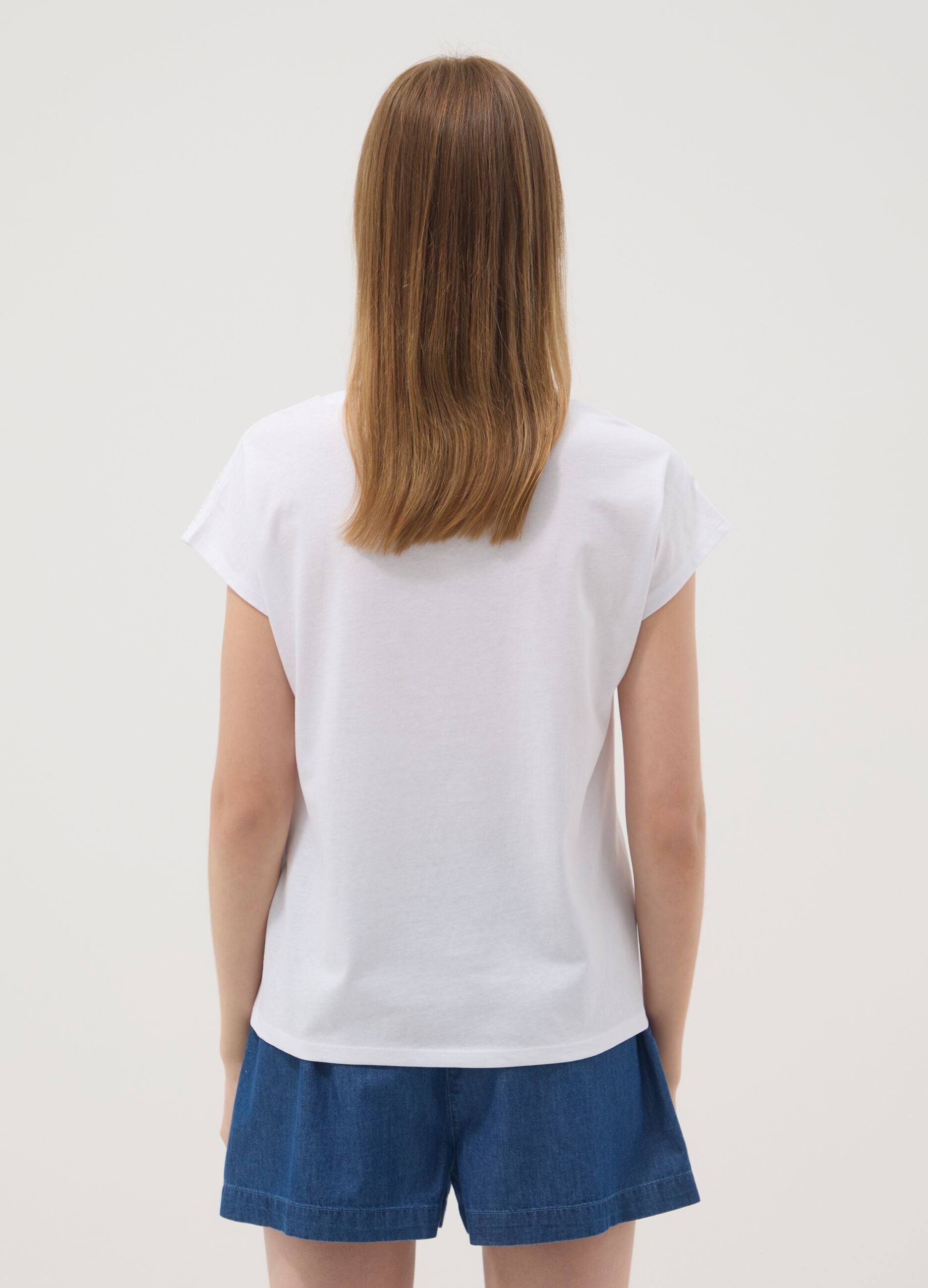 White pure cotton T-shirt with broderie anglaise detail, regular fit