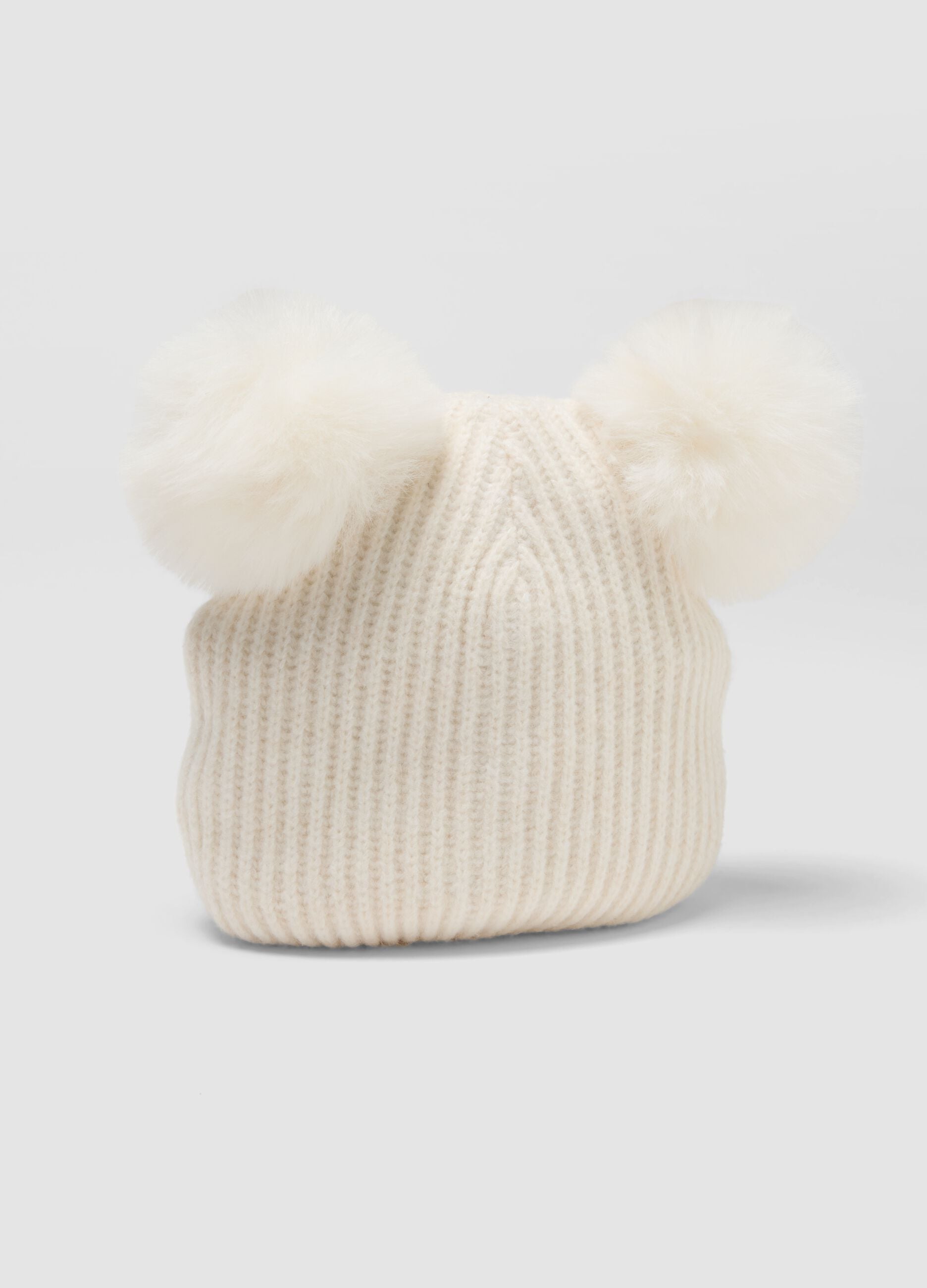 White ribbed wool-blend beanie with two pom-poms