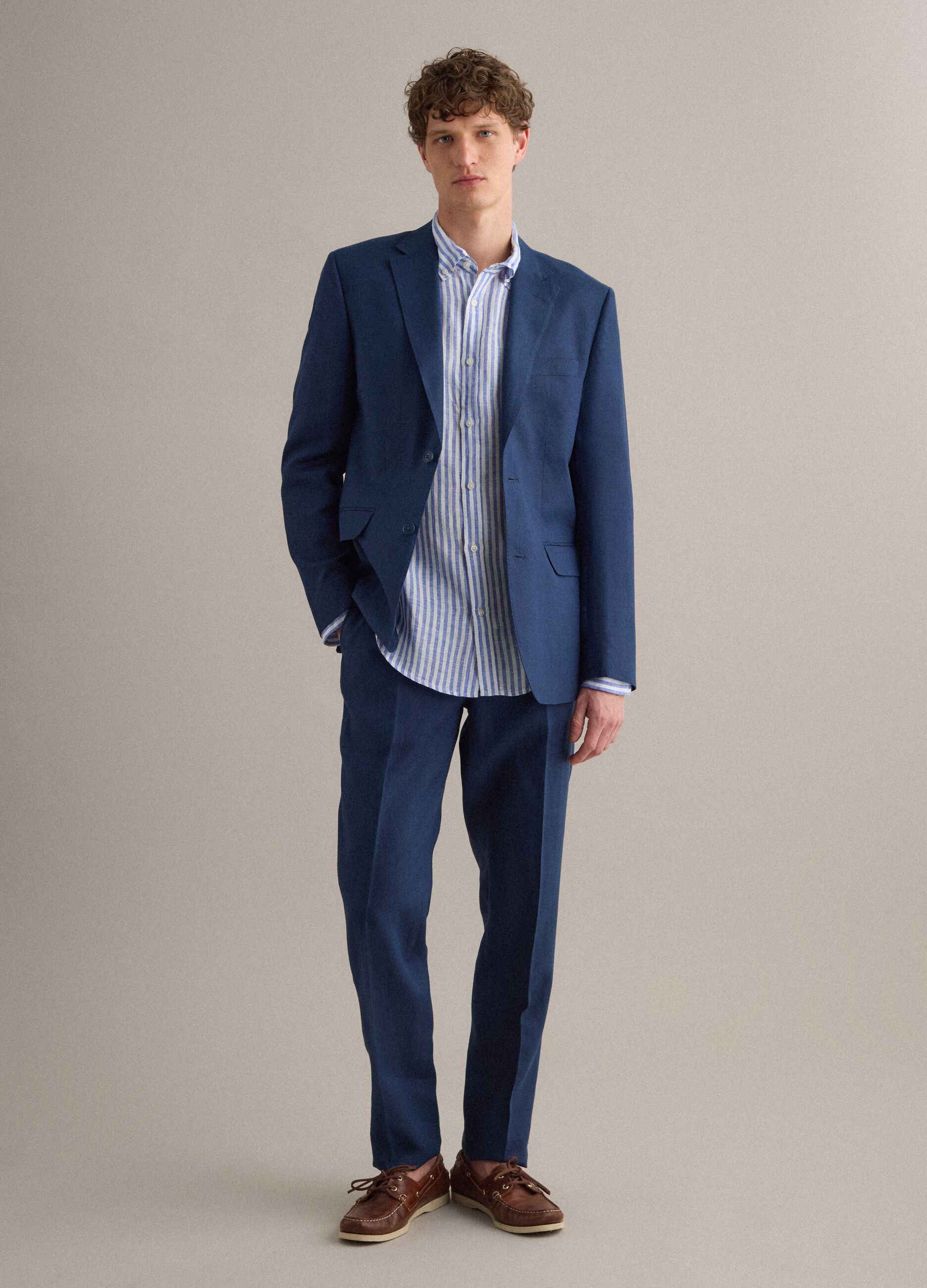 Blue pure linen slim-fit blazer
