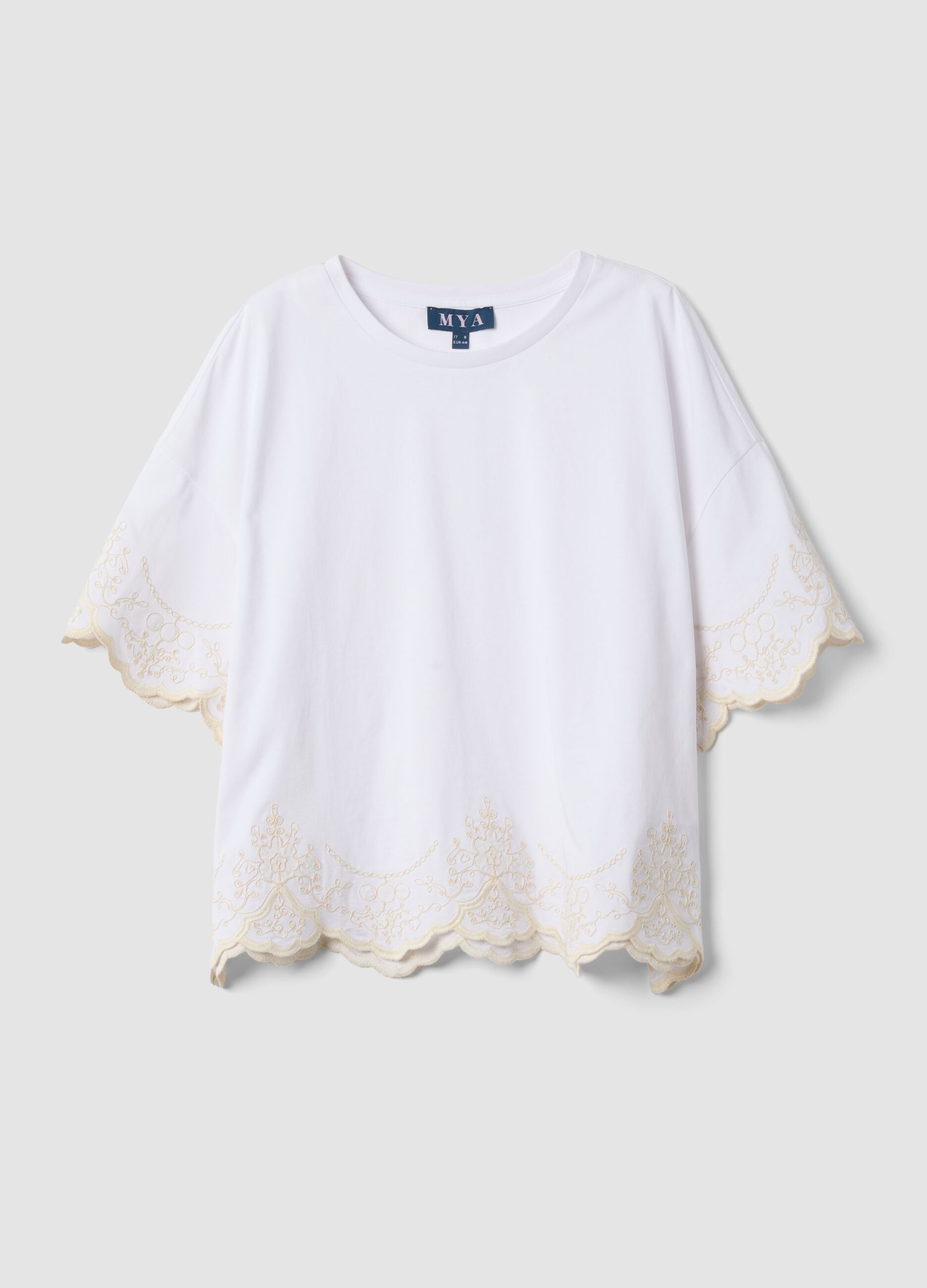 White pure cotton T-shirt with embroidery, regular fit