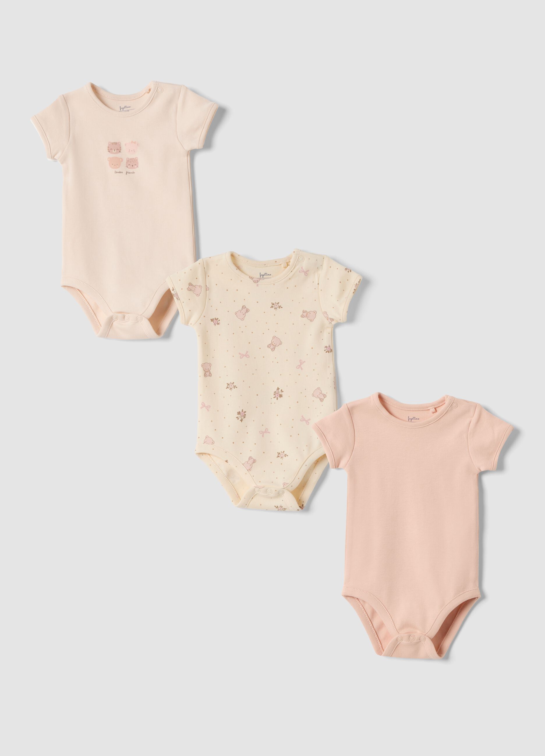3-pack pink and beige organic cotton bodysuits with print