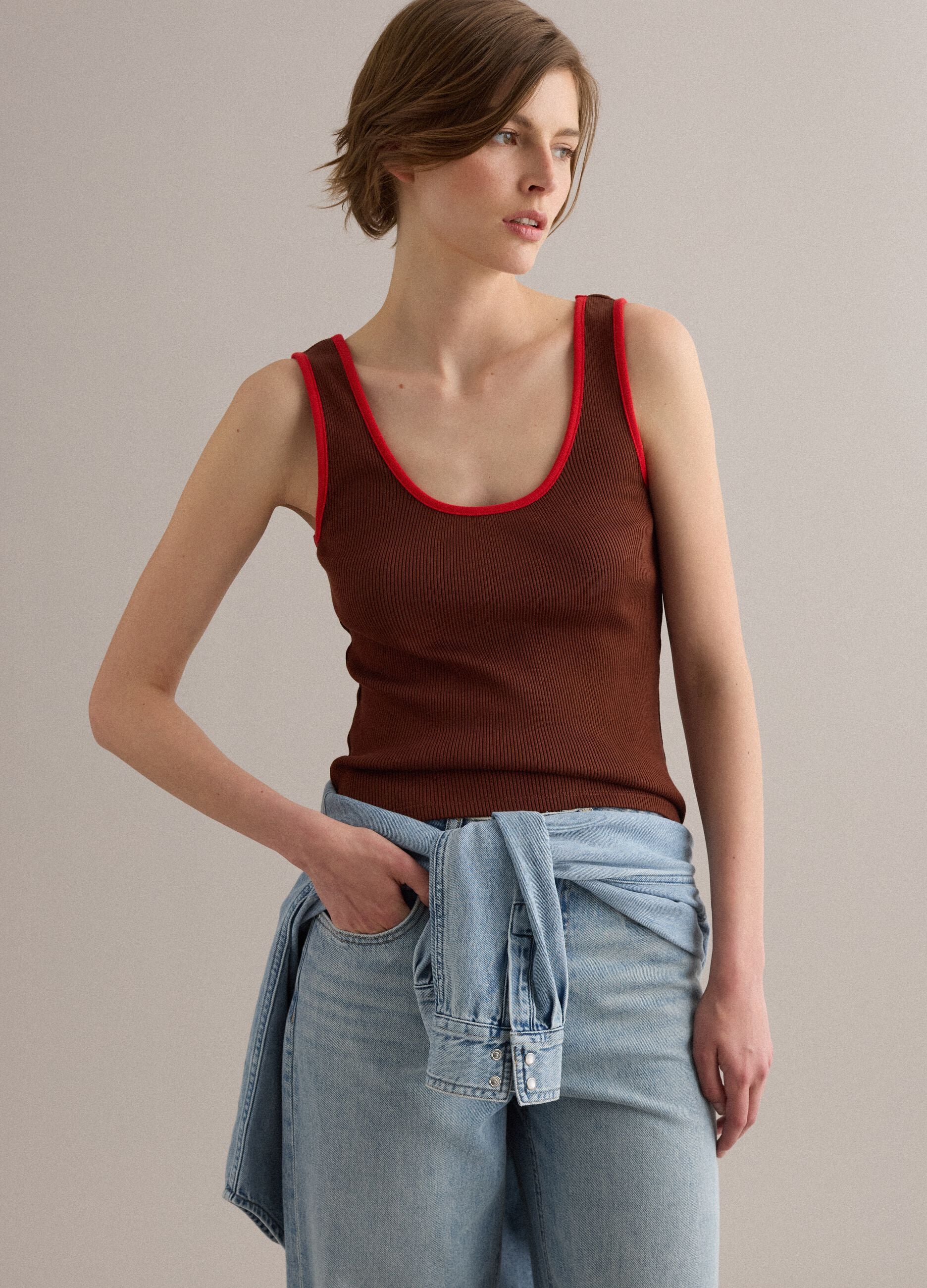 Brown pure cotton ribbed tank top