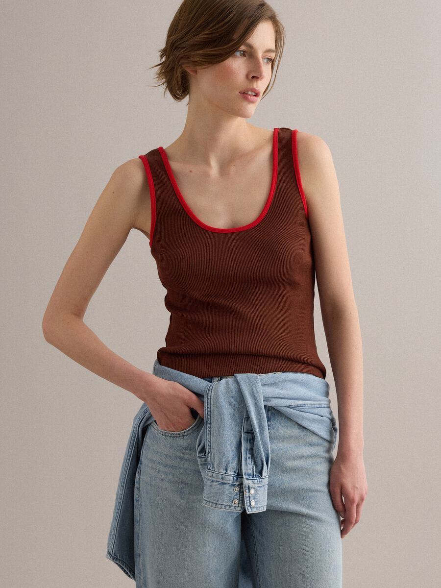 Tank top marrone in puro cotone a costine_0
