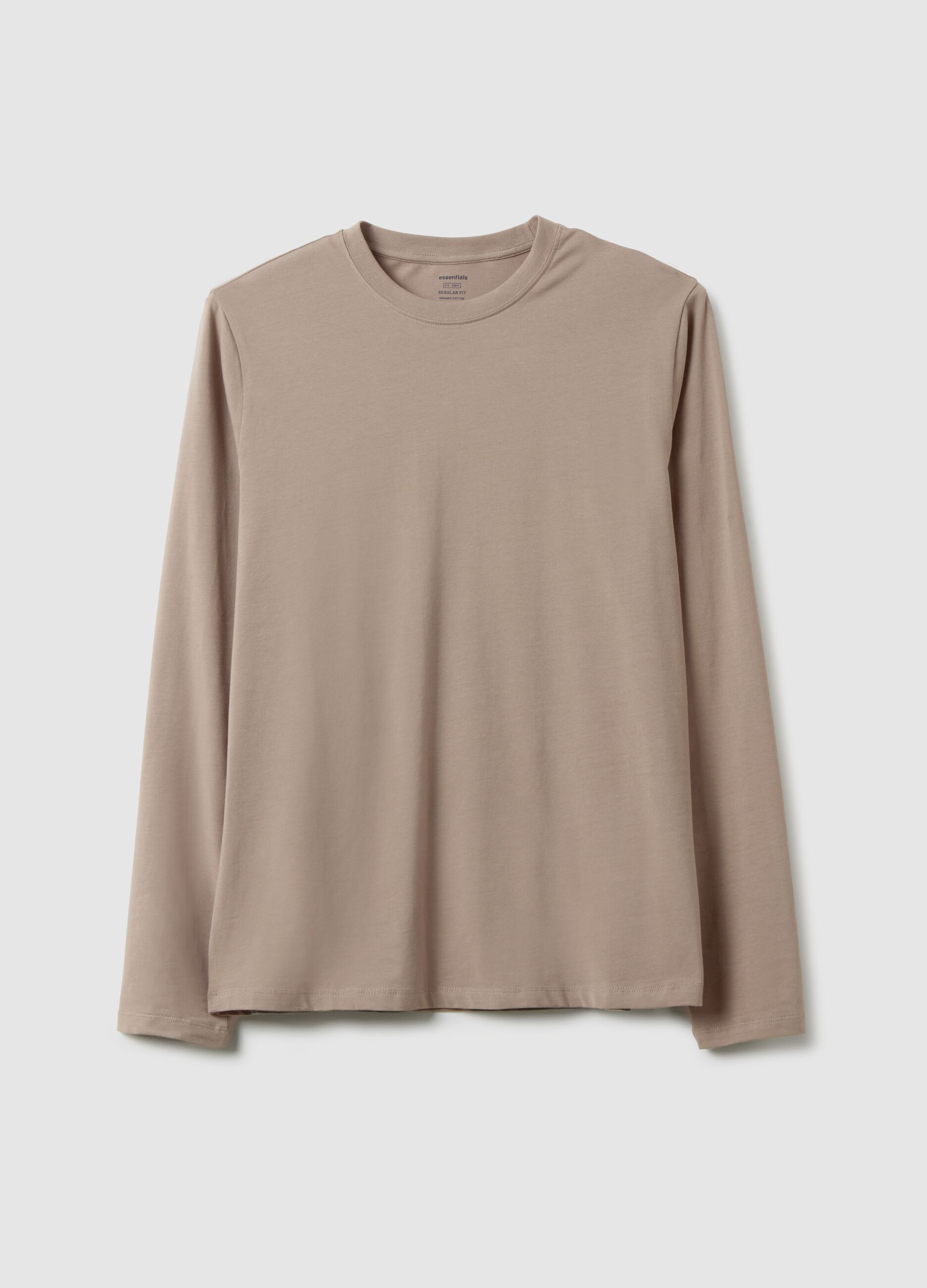 Beige long-sleeve stretch cotton t-shirt regular fit