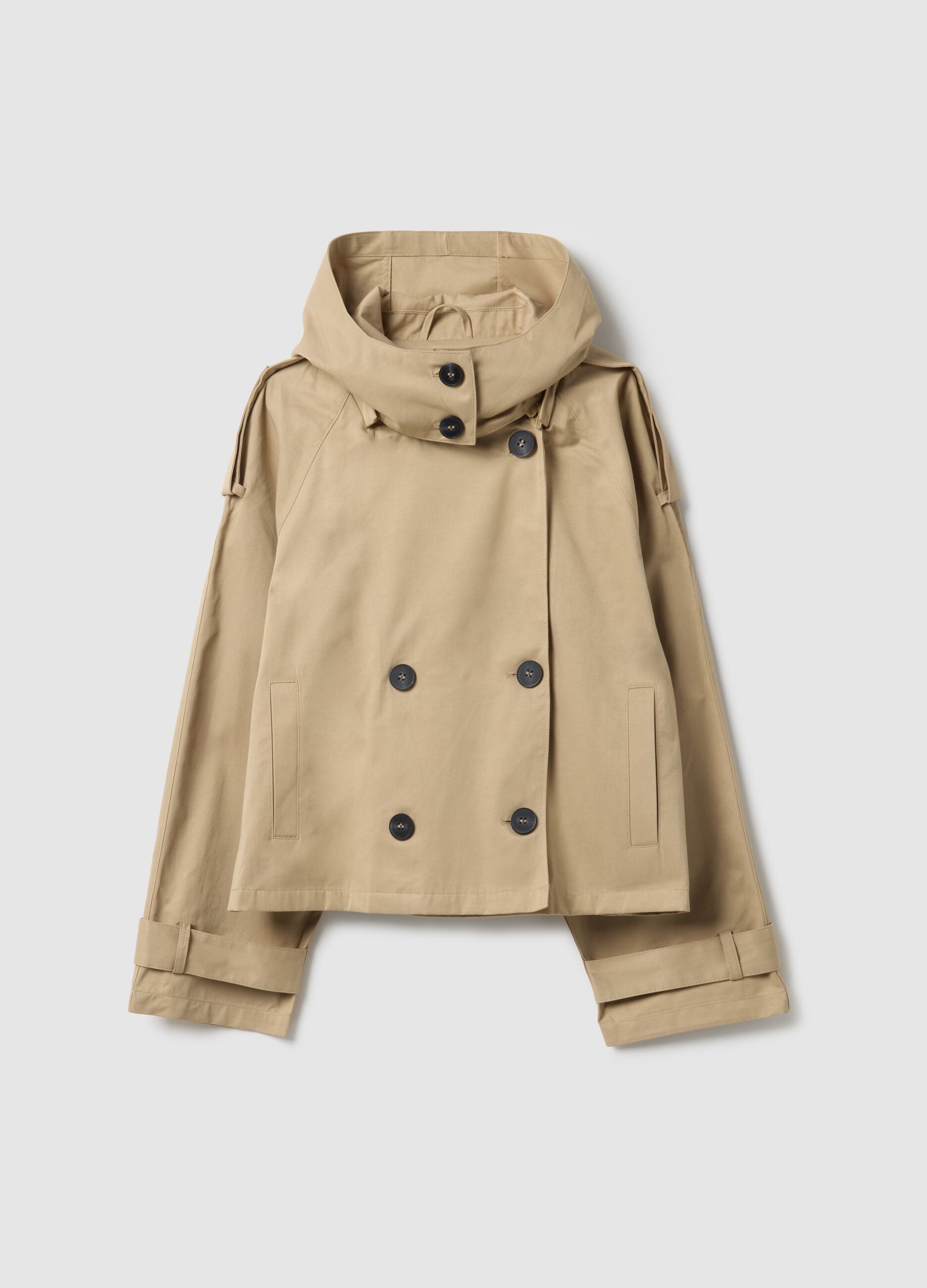 Beige cotton blend regular fit jacket with hood