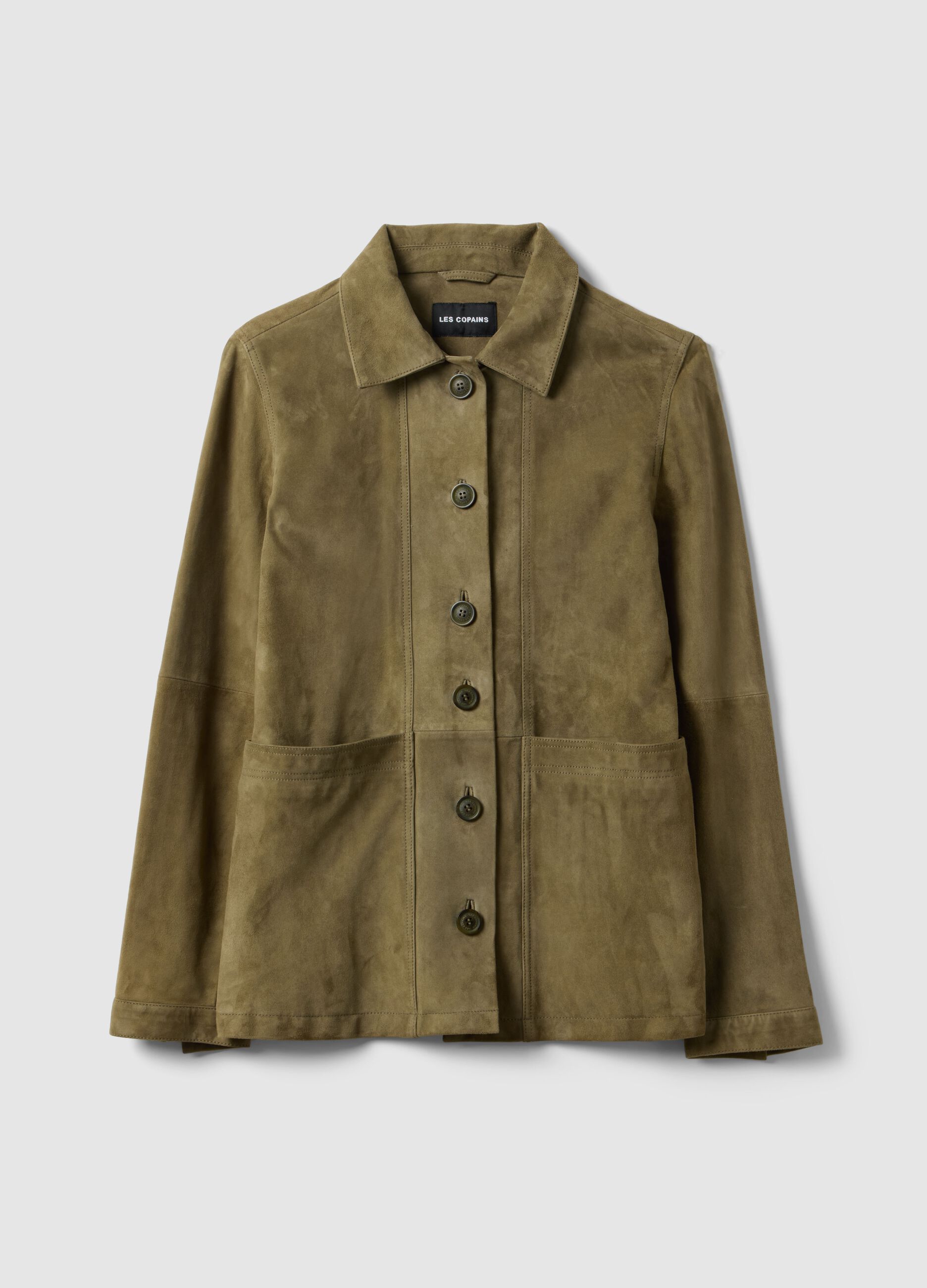 Green genuine leather jacket, regular fit with buttons