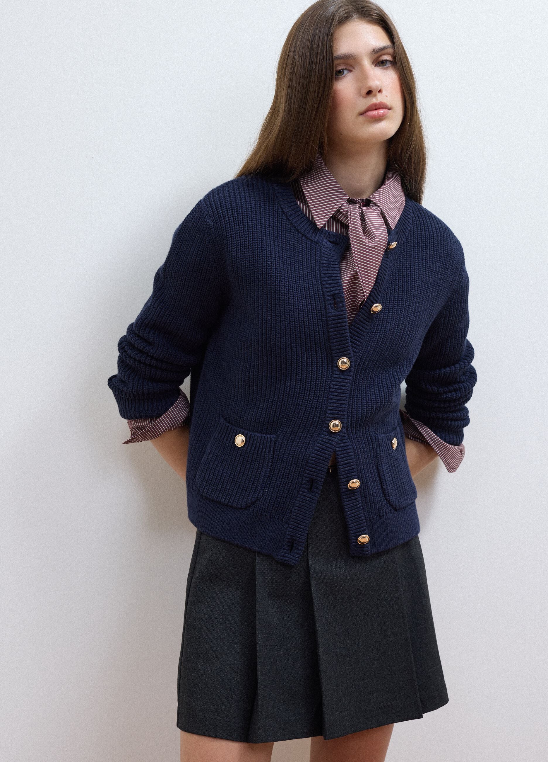 Blue pure cotton crew-neck knit cardigan