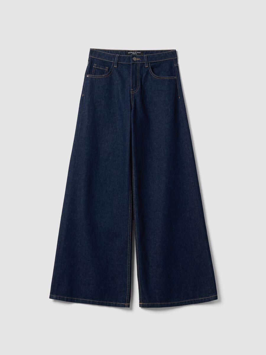 Dark blue low-rise wide-leg pure cotton jeans_4