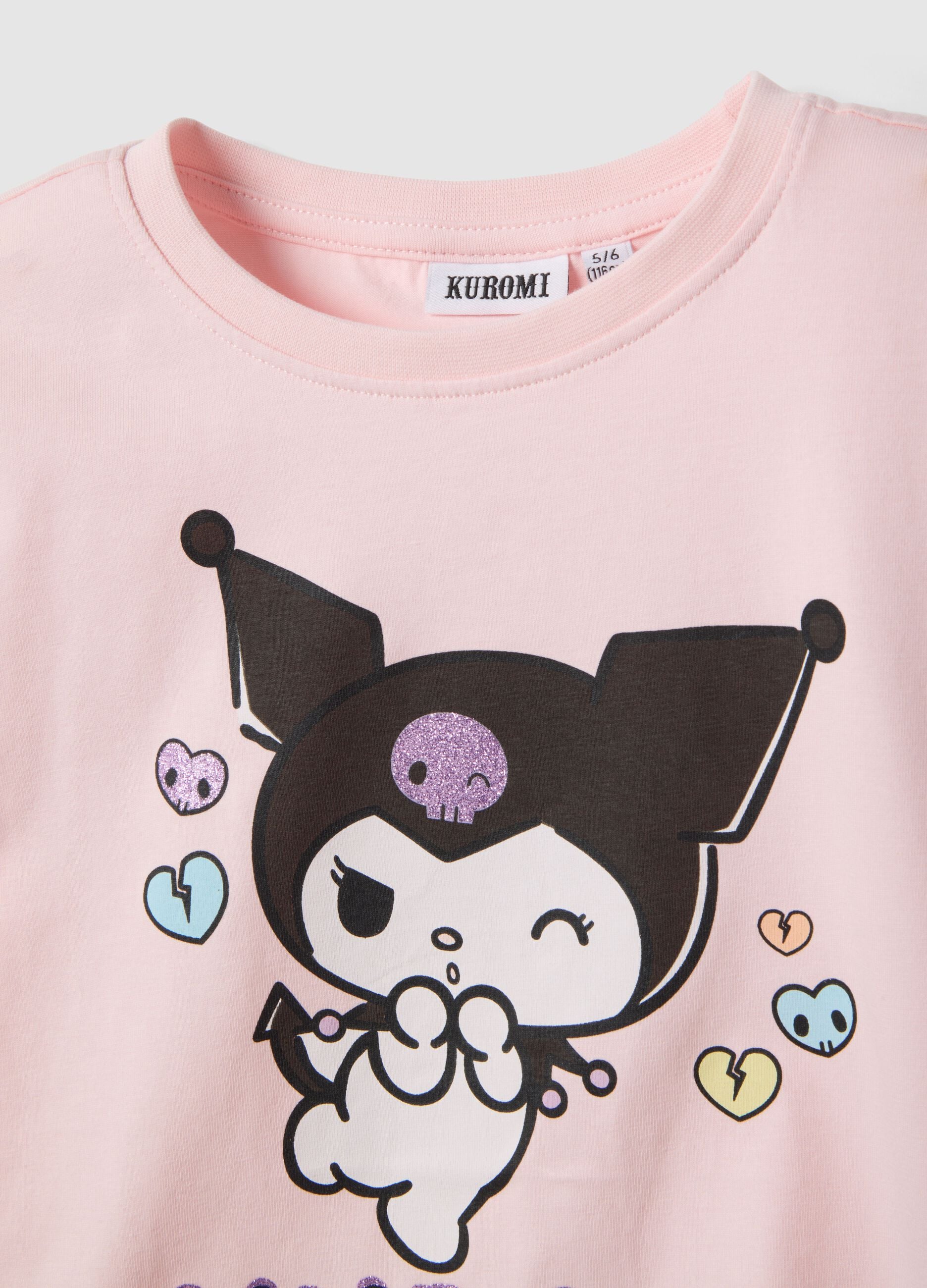 Pink stretch cotton girl's regular fit T-shirt with Kuromi