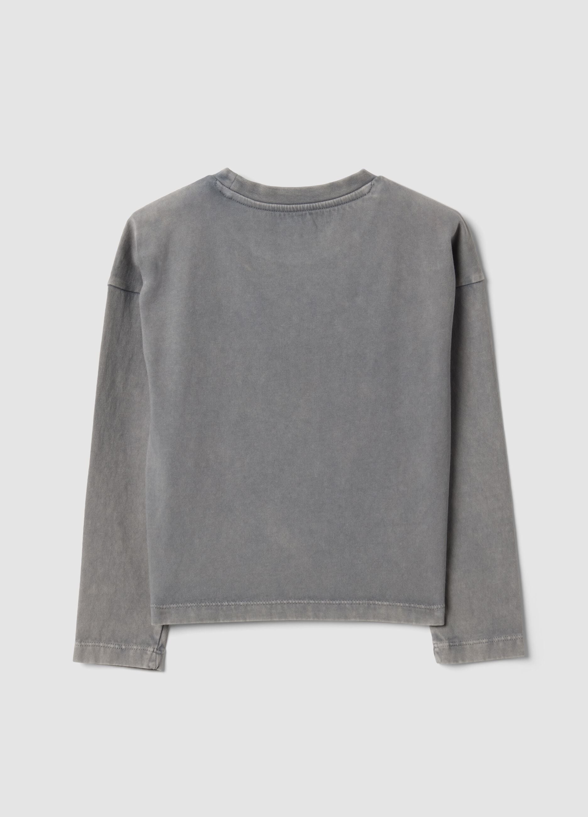 Grey pure cotton crew-neck T-shirt with rhinestone stars for girls