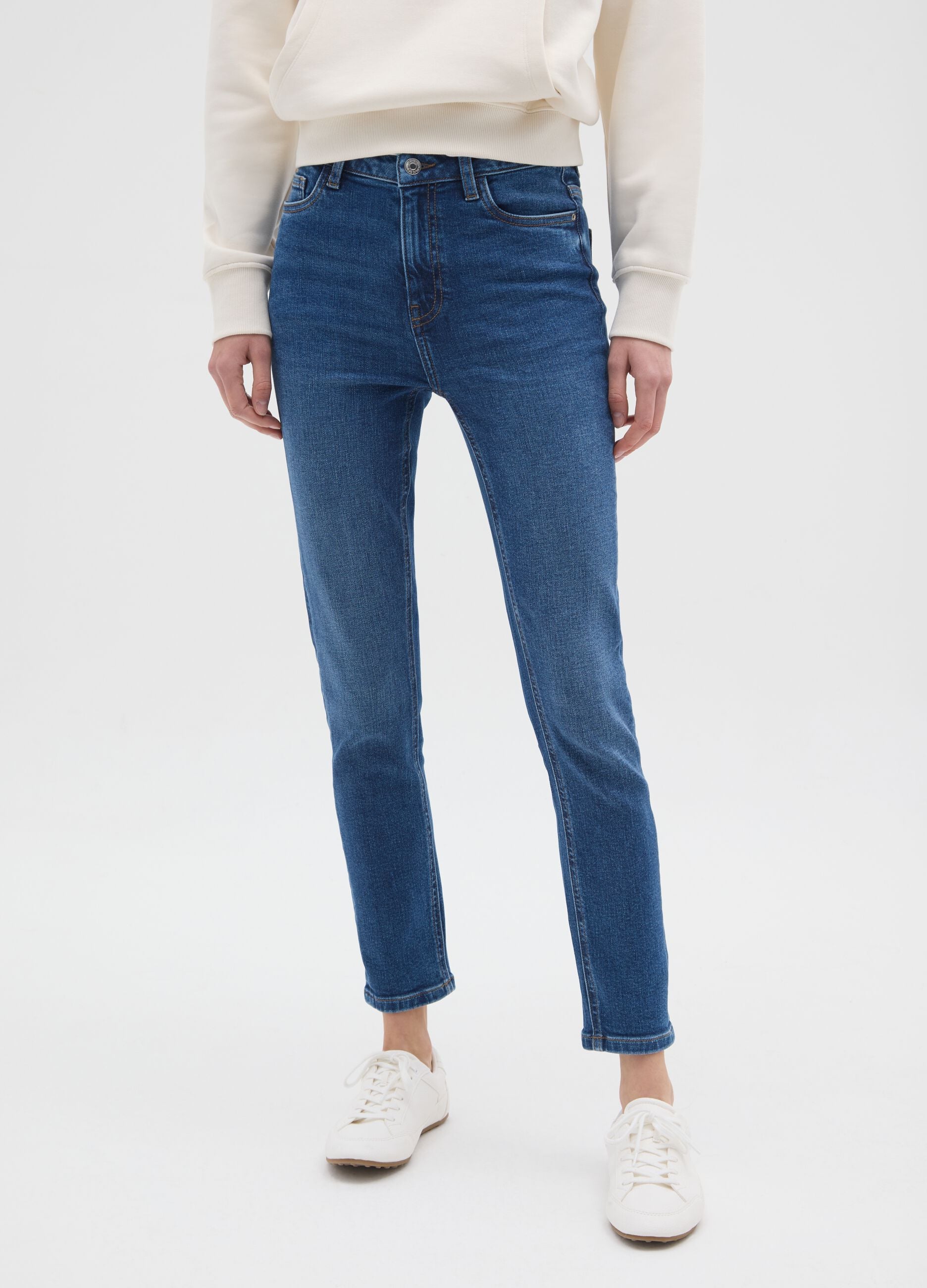 High-waisted blue skinny jeans in stretch cotton