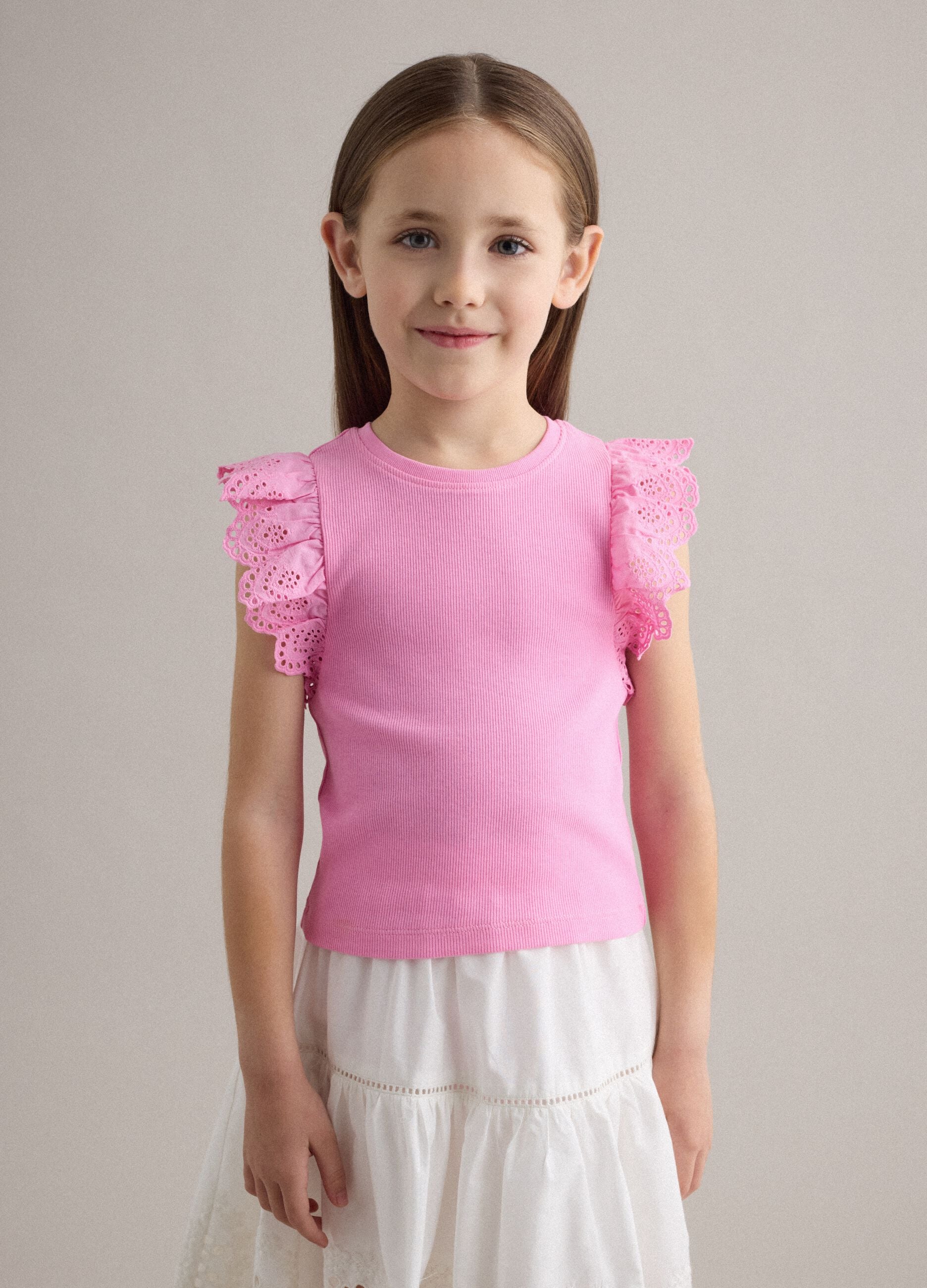 Girls&rsquo; pink stretch cotton vest top with ruffles
