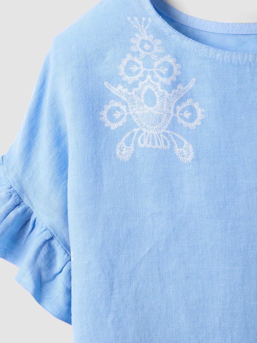 Light blue pure linen blouse with embroidery and ruffled sleeves, regular fit_5