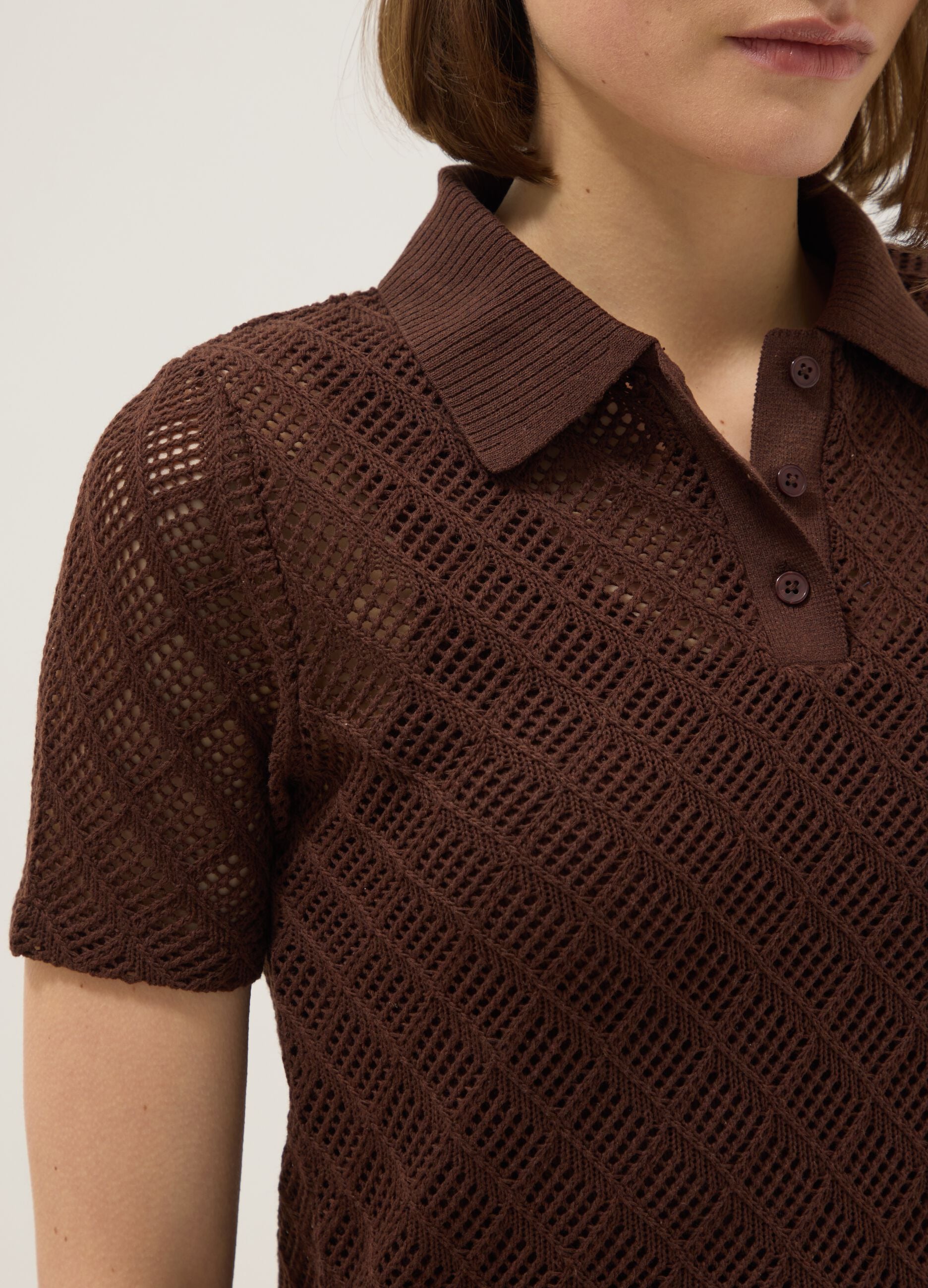 Brown regular fit short sleeve polo with mesh texture