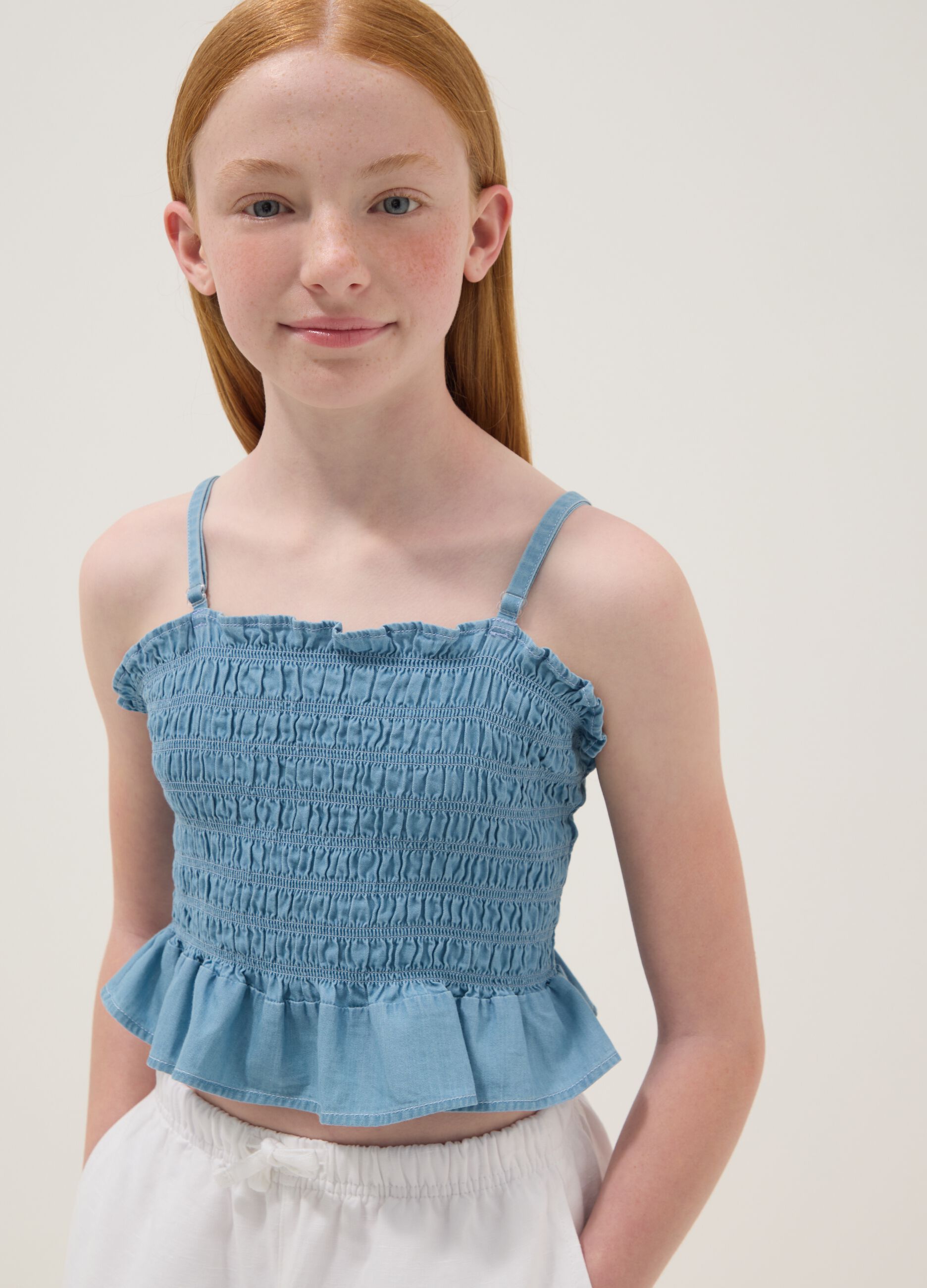 Sky-blue pure cotton top with ruching