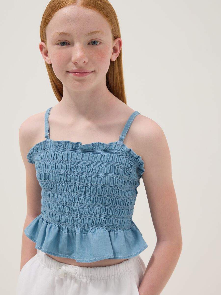Sky-blue pure cotton top with ruching_0