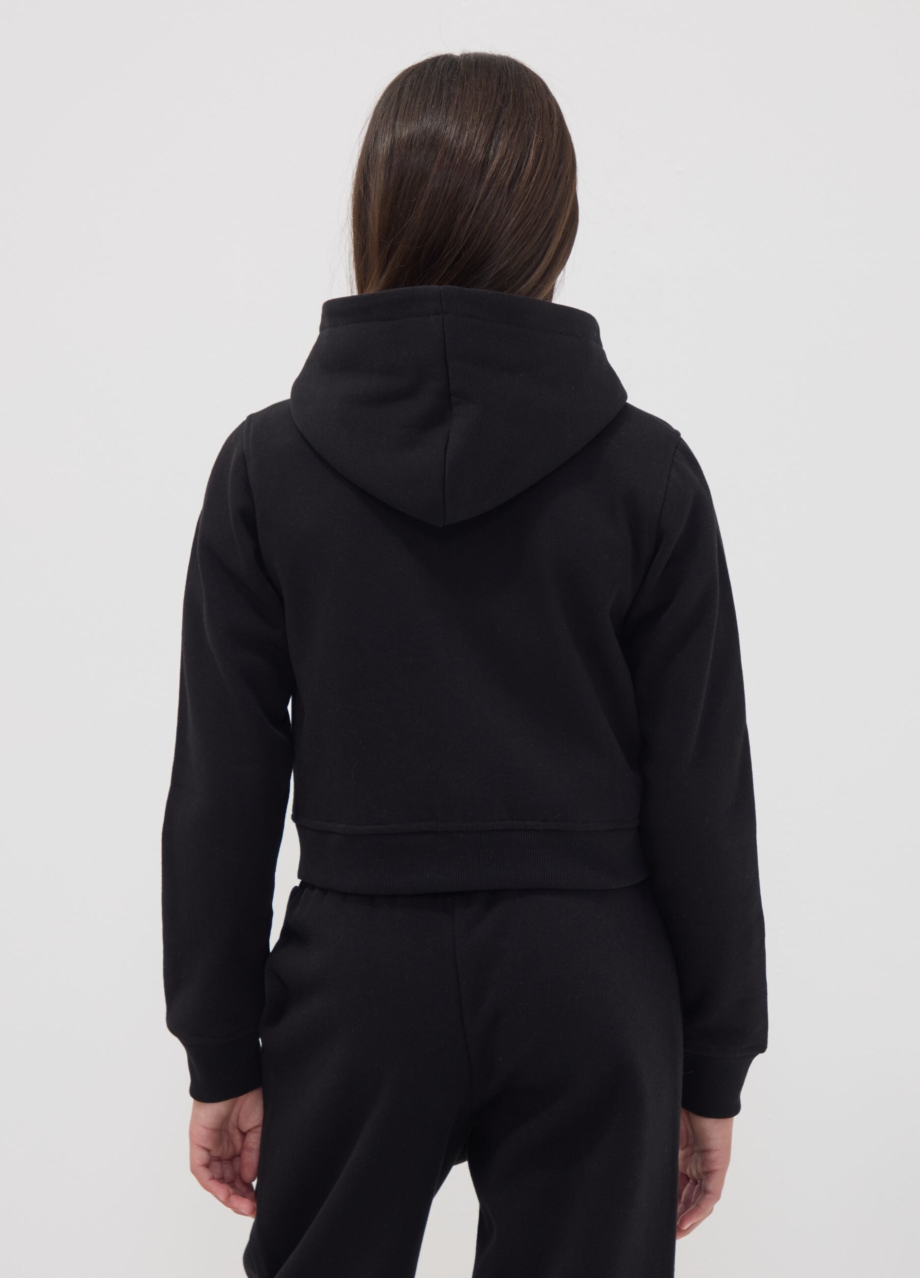 Black cotton-blend hooded zip hoodie for girls, regular fit