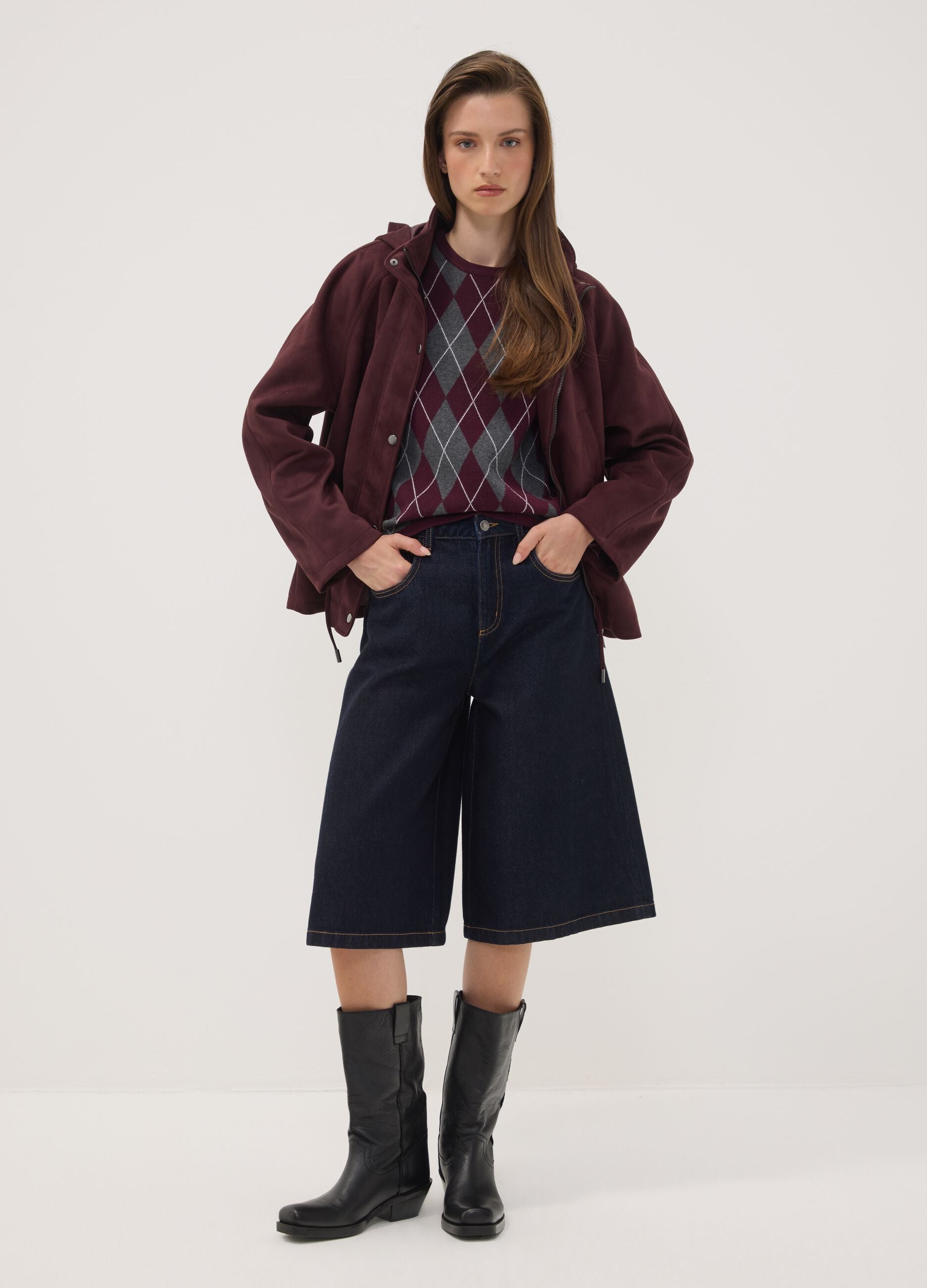 Purple hooded parka with zip and press-stud fastening